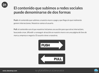 Aprende todos los trucos para crear la mejor
Fan page
oleoshop
FACEBOOK
La guía definitiva
oleoshop
www.oleoshop.com
El contenido que subimos a redes sociales
puede denominarse de dos formas
Push: el contenido que subimos a nuestro muro o page y que llega sin que realmente
genere interacciones. Nosotros vamos al usuario.
Pull: el contenido con el que nosotros iniciamos una acción para que otros interactúen,
buscando crear, difundir y conseguir atracción en nuestro muro o en una página de fans de
marca, empresa o negocio. El usuario viene a nosotros.
01
PUSH
PULL
 
