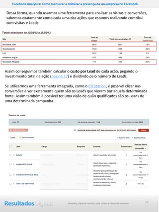 Facebook Analytics: Como mensurar e otimizar a presença da sua empresa no Facebook

Dessa forma, quando usarmos uma ferramenta para analisar as visitas e conversões,
sabemos exatamente como cada uma das ações que estamos realizando contribui
com visitas e Leads:




Assim conseguimos também calcular o custo por Lead de cada ação, pegando o
investimento total na ação (página 12) e dividindo pelo número de Leads.

Se utilizarmos uma ferramenta integrada, como o RD Station, é possível clicar nas
conversões e ver exatamente quem são os Leads que vieram por aquela determinada
fonte. Assim também é possível ter uma visão de quão qualificados são os Leads de
uma determinada campanha.




                                        Marketing Digital de resultado para Médias e Pequenas empresas   15
 