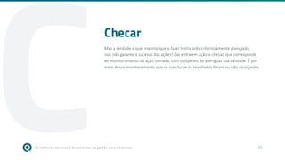 As melhores técnicas e ferramentas de gestão para empresas 15
Checar
Mas a verdade é que, mesmo que o fazer tenha sido criteriosamente planejado,
isso não garante o sucesso das ações! Daí entra em ação o checar, que corresponde
ao monitoramento da ação tomada, com o objetivo de averiguar sua validade. É por
meio desse monitoramento que se conclui se os resultados foram ou não alcançados.
C
 