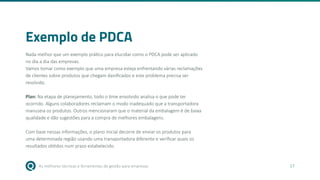 As melhores técnicas e ferramentas de gestão para empresas 17
Exemplo de PDCA
Nada melhor que um exemplo prático para elucidar como o PDCA pode ser aplicado
no dia a dia das empresas.
Vamos tomar como exemplo que uma empresa esteja enfrentando várias reclamações
de clientes sobre produtos que chegam danificados e este problema precisa ser
resolvido.
Plan: Na etapa de planejamento, todo o time envolvido analisa o que pode ter
ocorrido. Alguns colaboradores reclamam o modo inadequado que a transportadora
manuseia os produtos. Outros mencionaram que o material da embalagem é de baixa
qualidade e dão sugestões para a compra de melhores embalagens.
Com base nessas informações, o plano inicial decorre de enviar os produtos para
uma determinada região usando uma transportadora diferente e verificar quais os
resultados obtidos num prazo estabelecido.
 