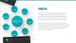 As melhores técnicas e ferramentas de gestão para empresas 20
5W2H
A sigla 5w2h é esquisita para aqueles que não a conhecem,
mas ela representa um checklist de ações que devem ser
desenvolvidas em um projeto, sendo bastante utilizada para
realizar o controle e a execução de atividades nos projetos,
possibilitando a economia de tempo e recursos disponíveis.
A ferramenta 5w2h representa uma metodologia formada
por sete (5+2) perguntas essenciais que devem ser respondidas.
Com as respectivas respostas, você terá a relação das atividades
a serem cumpridas para que a execução do projeto ocorra
de forma mais clara e eficiente.
As melhores técnicas e ferramentas de gestão para empresas
 