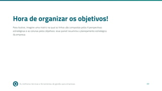 As melhores técnicas e ferramentas de gestão para empresas 49
Hora de organizar os objetivos!
Para ilustrar, imagine uma matriz na qual as linhas são compostas pelas 4 perspectivas
estratégicas e as colunas pelos objetivos: esse painel resumiria o planejamento estratégico
da empresa.
 
