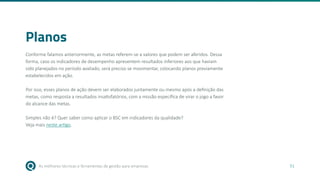 As melhores técnicas e ferramentas de gestão para empresas 51
Planos
Conforme falamos anteriormente, as metas referem-se a valores que podem ser aferidos. Dessa
forma, caso os indicadores de desempenho apresentem resultados inferiores aos que haviam
sido planejados no período avaliado, será preciso se movimentar, colocando planos previamente
estabelecidos em ação.
Por isso, esses planos de ação devem ser elaborados juntamente ou mesmo após a definição das
metas, como resposta a resultados insatisfatórios, com a missão específica de virar o jogo a favor
do alcance das metas.
Simples não é? Quer saber como aplicar o BSC em indicadores da qualidade?
Veja mais neste artigo.
 