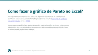 As melhores técnicas e ferramentas de gestão para empresas 58
Como fazer o gráfico de Pareto no Excel?
Para seguir este passo a passo, você precisa ter registrado as ocorrências da sua empresa e
identificado as suas causas, seja de forma braçal no Excel ou em uma ferramenta de gestão de
não conformidades, como o TOOLS.
Vamos supor que você tenha o desafio de descobrir quais reclamações de clientes estão trazendo
mais impacto para a lucratividade nos seus negócios. Veja como desenvolver o gráfico de Pareto
no Microsoft Excel, a partir deste exemplo.
 