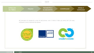 22FOCUS GREEN<<VOLTAR AO ÍNDICE
Há certificados que reasseguram os selos de cada processo, como o Cradle to Cradle, que certifica até o pós venda,
verificando os meios de descartes das empresas.
VENDA E
CONSUMO
EXTRAÇÃO
DE FIBRAS
FIAÇÃO
TECIMENTO E
ACABAMENTO
CONFECÇÃO
 