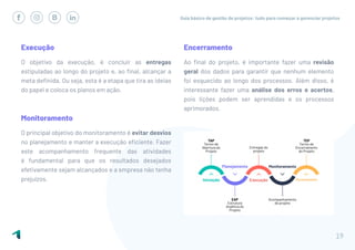 Guia básico de gestão de projetos: tudo para começar a gerenciar projetos
19
Execução
O objetivo da execução, é concluir as entregas
estipuladas ao longo do projeto e, ao final, alcançar a
meta definida. Ou seja, esta é a etapa que tira as ideias
do papel e coloca os planos em ação.
Monitoramento
O principal objetivo do monitoramento é evitar desvios
no planejamento e manter a execução eficiente. Fazer
este acompanhamento frequente das atividades
é fundamental para que os resultados desejados
efetivamente sejam alcançados e a empresa não tenha
prejuízos.
Encerramento
Ao final do projeto, é importante fazer uma revisão
geral dos dados para garantir que nenhum elemento
foi esquecido ao longo dos processos. Além disso, é
interessante fazer uma análise dos erros e acertos,
pois lições podem ser aprendidas e os processos
aprimorados.
 
