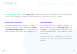 Guia básico de gestão de projetos: tudo para começar a gerenciar projetos
24
As metodologias de projeto são as estratégias aplicadas para organizar e sistematizar a execução dos projetos.
Existem diversas metodologias de gerenciamento de projetos, que são classificadas em três tipos:
Metodologia ágil
As metodologias ágeis, também chamadas de
adaptativas, têm foco maior no valor da entrega. Assim,
a ideia é que o projeto seja estruturado ao longo de sua
execução, se adaptando às necessidades que surgem
com o tempo.
Geralmente, os objetivos são definidos em ciclos, de 2 a
6 semanas, para que se possa ter entregas mais rápidas
e pontuais.
Metodologia tradicional
As metodologias tradicionais, também chamadas de
clássicas ou preditivas, são as que priorizam o controle
e o planejamento do projeto. Isto é, as etapas são
mapeadas e estruturadas antes de iniciar a execução.
 