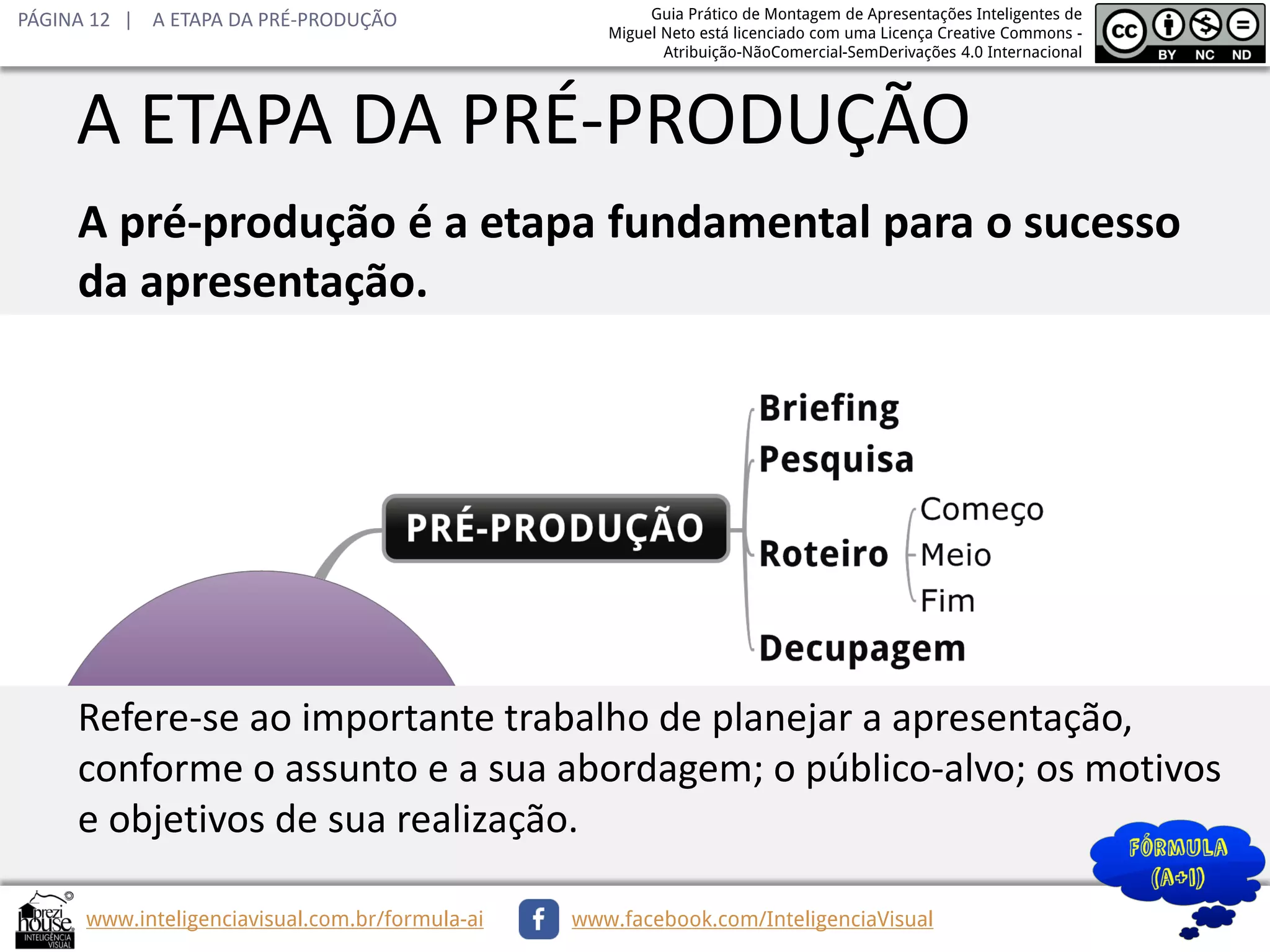 PÁGINA 12 | A ETAPA DA PRÉ-PRODUÇÃO

Guia Prático de Montagem de Apresentações Inteligentes de
Miguel Neto está licenciado com uma Licença Creative Commons Atribuição-NãoComercial-SemDerivações 4.0 Internacional

A ETAPA DA PRÉ-PRODUÇÃO
A pré-produção é a etapa fundamental para o sucesso
da apresentação.

Refere-se ao importante trabalho de planejar a apresentação,
conforme o assunto e a sua abordagem; o público-alvo; os motivos
e objetivos de sua realização.
www.inteligenciavisual.com.br/formula-ai

www.facebook.com/InteligenciaVisual

 