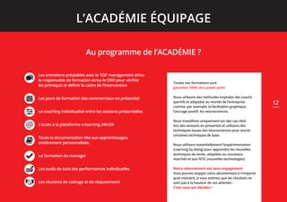 Les entretiens préalables avec le TOP management et/ou
le responsable de formation et/ou le DRH pour vérifier
les prérequis et définir le cadre de l’intervention
Les jours de formation des commerciaux en présentiel
Le coaching individualisé entre les sessions présentielles
L’accès à la plateforme e-learning 24h/24
Toute la documentation liée aux apprentissages,
entièrement personnalisée.
La formation du manager
Les outils de suivi des performances individuelles
Les réunions de cadrage et de réajustement
Au programme de l’ACADÉMIE ?
Toutes nos formations sont
garanties 100% zéro power point
Nous utilisons des méthodes inspirées des coachs
sportifs et adaptées au monde de l’entreprise
comme, par exemple, la facilitation graphique,
l’ancrage positif, les neurosciences.
Nous travaillons uniquement sur des cas réels
lors des sessions en présentiel et utilisons des
techniques issues des neurosciences pour ancrer
certaines techniques de base.
Nous utilisons essentiellement l’expérimentation
(Learning by doing) pour apprendre les nouvelles
techniques de vente, adaptées au nouveaux
marchés et aux NTIC (nouvelles technologies)
Notre abonnement est sans engagement
Vous pouvez stopper votre abonnement à n’importe
quel moment, si vous estimez que les résultats ne
sont pas à la hauteur de vos attentes :
C’est vous qui décidez !
L’ACADÉMIE ÉQUIPAGE
12
@
 