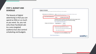 STEP 5. BUDGET AND
SCHEDULE
The beauty of digital
advertising is that you can
spend as little or as much
as you want. So, you not
only show Facebook ads
to a very targeted
audience but also control
scheduling and budgets.
 