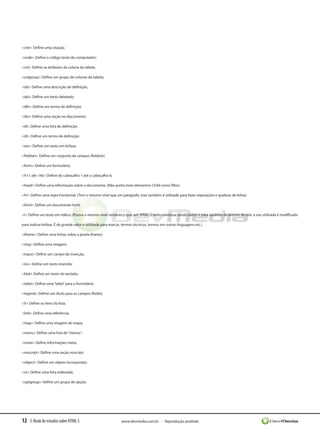 12 E-Book de estudos sobre HTML 5 www.devmedia.com.br - Reprodução proibida
<cite> Define uma citação;
<code> Define o código texto do computador;
<col> Define os atributos da coluna da tabela;
<colgroup> Define um grupo de colunas da tabela;
<dd> Define uma descrição de definição;
<del> Define um texto deletado;
<dfn> Define um termo de definição;
<div> Define uma seção no documento;
<dl> Define uma lista de definição;
<dt> Define um termo de definição;
<em> Define um texto em ênfase;
<fieldset> Define um conjunto de campos (fieldset);
<form> Define um formulário;
<h1> até <h6> Define do cabeçalho 1 até o cabeçalho 6;
<head> Define uma informação sobre o documento. (Não aceita mais elementos Child como filho);
<hr> Define uma regra horizontal. (Tem o mesmo nível que um parágrafo, mas também é utilizado para fazer separações e quebras de linha);
<html> Define um documento html;
<i> Define um texto em itálico; (Possui o mesmo nível semântico que um SPAN. O texto continua sendo itálico e para usuários de leitores de tela, a voz utilizada é modificada
para indicar ênfase. É de grande valor e utilidade para marcar, termos técnicos, termos em outras linguagens etc.)
<iframe> Define uma linhas sobre a janela (frame);
<img> Define uma imagem;
<input> Define um campo de inserção;
<ins> Define um texto inserido;
<kbd> Define um texto do teclado;
<label> Define uma“label”para o formulário;
<legend> Define um título para os campos (fields);
<li> Define os itens da lista;
<link> Define uma referência;
<map> Define uma imagem de mapa;
<menu> Define uma lista de“menus”;
<meta> Define informações meta;
<noscript> Define uma seção noscript;
<object> Define um objeto incorporado;
<ol> Define uma lista ordenada;
<optgroup> Define um grupo de opção;
 
