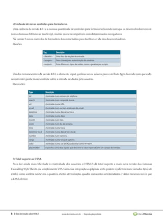 6 E-Book de estudos sobre HTML 5 www.devmedia.com.br - Reprodução proibida
e) Inclusão de novos controles para formulário.
Uma carência da versão 4.0.1 e a escassa quantidade de controles para formulário fazendo com que os desenvolvedores recor-
ram as famosas bibliotecas JavaScript, muitas vezes incompatíveis com determinados navegadores.
Na versão 5 novos controles de formulário foram incluídos para facilitar a vida dos desenvolvedores.
São eles:
Tag Descrição
<datalist> Uma lista de opções de entrada.
<keygen> Gera chaves para autenticação de usuários.
<output> Para diferentes tipos de saídas, como a geradas por scripts.
Um dos remanescentes da versão 4.0.1, o elemento input, ganhou novos valores para o atributo type, fazendo com que o de-
senvolvedor ganhe maior controle sobre a entrada de dados pelo usuário.
São os eles:
Type Descrição
tel A entrada é um número de telefone.
search A entrada é um campo de busca.
url A entrada é uma URL.
email A entrada é um ou mais endereço de email.
datetime A entrada é uma data e/ou hora.
date A entrada é uma data
month A entrada é um mês.
week A entrada é um dia da semana.
time A entrada é uma hora.
datetime-local A entrada é uma data e hora local.
number A entrada é um número.
range A entrada é uma faixa de valores.
color A entrada é uma cor em haxadecimal como #FF00FF.
placeholder Especifica uma dica rápida que descreve o valor esperado em um campo de entrada.
f) Total suporte ao CSS3.
Para dar ainda mais liberdade à criatividade dos usuários o HTML5 dá total suporte a mais nova versão das famosas
Cascading Style Sheets, ou simplesmente CSS. Com essa integração as páginas webs podem receber os mais variados tipos de
estilos como sombra nos textos e quadros, efeitos de transição, quadro com cantos arredondados e vários recursos novos que
o CSS3 oferece.
 
