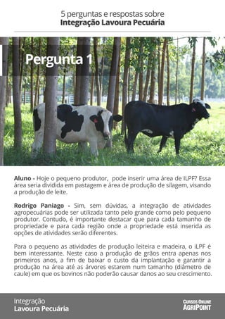 5 perguntas e respostas sobre
Integração Lavoura Pecuária
Integração
Lavoura Pecuária AGRIPOINT
CURSOS ONLINE
Aluno - Hoje o pequeno produtor, pode inserir uma área de ILPF? Essa
área seria dividida em pastagem e área de produção de silagem, visando
a produção de leite.
Rodrigo Paniago - Sim, sem dúvidas, a integração de atividades
agropecuárias pode ser utilizada tanto pelo grande como pelo pequeno
produtor. Contudo, é importante destacar que para cada tamanho de
propriedade e para cada região onde a propriedade está inserida as
opções de atividades serão diferentes.
Para o pequeno as atividades de produção leiteira e madeira, o iLPF é
bem interessante. Neste caso a produção de grãos entra apenas nos
primeiros anos, a ﬁm de baixar o custo da implantação e garantir a
produção na área até as árvores estarem num tamanho (diâmetro de
caule) em que os bovinos não poderão causar danos ao seu crescimento.
Pergunta 1
 