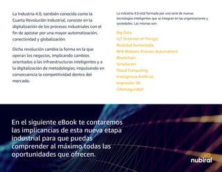 La Industria 4.0, también conocida como la
Cuarta Revolución Industrial, consiste en la
digitalización de los procesos industriales con el
fin de apostar por una mayor automatización,
conectividad y globalización.
Dicha revolución cambia la forma en la que
operan los negocios, implicando cambios
orientados a las infraestructuras inteligentes y a
la digitalización de metodologías; impulsando en
consecuencia la competitividad dentro del
mercado.
La industria 4.0 está formada por una serie de nuevas
tecnologías inteligentes que se integran en las organizaciones y
sociedades. Las mismas son:
Big Data
IoT (Internet of Things)
Realidad Aumentada
RPA (Robotic Process Automation)
Blockchain
Simulación
Cloud Computing
Inteligencia Artificial
Impresión 3D
Ciberseguridad
En el siguiente eBook te contaremos
las implicancias de esta nueva etapa
industrial para que puedas
comprender al máximo todas las
oportunidades que ofrecen.
 