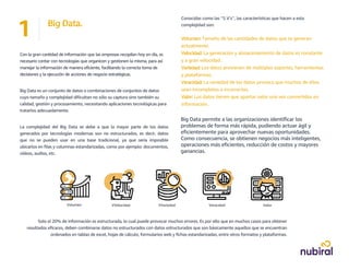 Con la gran cantidad de información que las empresas recopilan hoy en día, es
necesario contar con tecnologías que organicen y gestionen la misma, para así
manejar la información de manera eficiente, facilitando la correcta toma de
decisiones y la ejecución de acciones de negocio estratégicas.
Big Data es un conjunto de datos o combinaciones de conjuntos de datos
cuyo tamaño y complejidad dificultan no sólo su captura sino también su
calidad, gestión y procesamiento, necesitando aplicaciones tecnológicas para
tratarlos adecuadamente.
La complejidad del Big Data se debe a que la mayor parte de los datos
generados por tecnologías modernas son no estructurados, es decir, datos
que no se pueden usar en una base tradicional, ya que sería imposible
ubicarlos en filas y columnas estandarizadas, como por ejemplo: documentos,
vídeos, audios, etc.
Conocidas como las ‘’5 V’s’’, las características que hacen a esta
complejidad son:
Volumen: Tamaño de las cantidades de datos que se generan
actualmente.
Velocidad: La generación y almacenamiento de datos es constante
y a gran velocidad.
Variedad: Los datos provienen de múltiples soportes, herramientas
y plataformas.
Veracidad: La variedad de los datos provoca que muchos de ellos
sean incompletos o incorrectos.
Valor: Los datos tienen que aportar valor una vez convertidos en
información.
1 Big Data.
3
Volumen VVelocidad VVariedad Veracidad Valor
Solo el 20% de información es estructurada, lo cual puede provocar muchos errores. Es por ello que en muchos casos para obtener
resultados eficaces, deben combinarse datos no estructurados con datos estructurados que son básicamente aquellos que se encuentran
ordenados en tablas de excel, hojas de cálculo, formularios web y fichas estandarizadas, entre otros formatos y plataformas.
Big Data permite a las organizaciones identificar los
problemas de forma más rápida, pudiendo actuar ágil y
eficientemente para aprovechar nuevas oportunidades.
Como consecuencia, se obtienen negocios más inteligentes,
operaciones más eficientes, reducción de costos y mayores
ganancias.
 