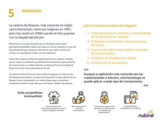 ¿Cómo funciona la cadena de bloques?
1. Cada transacción a realizar es representada
en la red como un ‘’bloque’’.
2. El bloque se transmite a todas las partes
de la red.
3. Los usuarios de la red certifican la validez
de la transacción.
4. El bloque es añadido a la cadena.
5. Se concreta la transacción.
>>
Aunque su aplicación más conocida son las
criptomonedas o bitcoins, esta tecnología se
puede aplicar a todo tipo de transacciones.
<<
La cadena de bloques, más conocida en inglés
como blockchain, tiene sus orígenes en 1991,
pero fue recién en 2008 cuando se hizo popular
con la llegada del bitcoin.
Blockchain es una base de datos que se distribuye entre varios
participantes llamados nodos, los cuales a su vez se conectan en una red
descentralizada para validar la información que viaja a través de la
misma, sin necesidad de contar con intermediarios.
Estos datos viajan en forma encriptada dentro de la cadena, evitando
que se revele su contenido y posibilitando la protección y privacidad de
las transacciones. La cadena además, contiene la historia completa de
todas las transacciones ejecutadas en la red.
Un número finito de transacciones válidas se agrupan en cada uno de
los bloques de la cadena. Cuando una transacción no entra dentro de un
bloque, esta es incorporada a un nuevo bloque que se encuentra
enlazado al anterior, es por ello que se le llama ‘’cadena’’ de bloques.
Entre sus beneficios
se encuentran:
Almacenamiento de
información que jamás se podrá
perder, modificar o eliminar.
Confidencialidad y
trazabilidad de los datos.%.
Bajos costos por no
necesitar
intermediarios.
Transacciones seguras entre
personas en todo el mundo
sin necesidad de
intermediarios.
Blockchain.
5
 