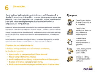 Como parte de las tecnologías pertenecientes a las Industrias 4.0, la
simulación consiste en imitar el funcionamiento de un sistema real para
construir un modelo computacional que permita realizar experimentos
y ensayos. Todo esto es posible gracias a técnicas matemáticas
empleadas por computadoras.
Este proceso permite comprender el funcionamiento de un sistema bajo determinadas condiciones y
circunstancias, evaluar diferentes respuestas y formas de accionar, y anticiparse a posibles problemas.
Además, durante el proceso de experimentación, el sistema estudia las operaciones que va realizando
con el fin de poder incluir posteriormente los efectos de los resultados obtenidos en los siguientes
ensayos.
Como consecuencia de todo esto, la simulación mejora la eficiencia en la utilización de los recursos
existentes de una empresa sin necesidad de poner en riesgo ni personas ni máquinas.
Objetivos del uso de la Simulación
Enfocada principalmente en la solución de problemas,
la simulación permite:
• Comprender el comportamiento de un sistema.
• Prever comportamientos futuros.
• Analizar elementos críticos y estimar medidas de desempeño.
• Evaluar problemas y proponer soluciones.
• Realizar entrenamientos proyectando variedad de situaciones.
6 Simulación.
Ejemplos:
Ensayos para pilotos
de aviación previos a
su titulación.
Ensayos para
astronautas antes de
emprender una
misión espacial.
Simulación de
intervenciones
médicas antes de su
ejecución.
Trazos de trayectoria
de misiles en el
sector militar.
Cálculo de órbita y
posición de satélites
artificiales.
 