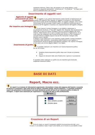 combinare Indirizzo, Città e Cap, già presenti in tre campi distinti, si può
utilizzare la seguente espressione: =[Indirizzo] & "," & [Città] & " " & [Cap] (la &
serve a combinare due o più controlli)
Inserimento di oggetti vari
Aggiunta di oggetti
provenienti da altre
applicazioni
Un oggetto è una unità di informazione creata tramite un'applicazione per
windows che supporta l'Ole. Quando un oggetto si incorpora in una maschera
esso diviene parte del file del Database (Mdb). Un oggetto collegato viene invece
memorizzato nel file nel quale è stato creato e la maschera memorizza solo la
posizione del file oggetto e visualizza una rappresentazione dell'oggetto collegato.
Per inserire una immagine
Si può inserire il campo Immagine in una tabella e selezionare in
visualizzazione struttura, a "Tipo dati" Oggetto Ole. Passando alla visualizzazione
Foglio dati si clicca sul campo immagine e poi sul comando Oggetto del menu
Inserisci. Nella finestra che si apre si sceglie Crea Nuovo e l'applicazione che si
vuole usare per disegnare (per tornare ad Access cliccare su File e scegliere il
comando Ritorna a tabella) oppure Crea da file ricercando il disegno nella
directory dove è salvato.
Il disegno si può vedere poi in una maschera creata usando il campo Immagine
(trascinato nella maschera): la grandezza della finestra si può regolare in
visualizzazione struttura agendo sugli appositi quadratini. Per inserire l'immagine
si può usare una cornice oggetto legato o non legato.
Inserimento di grafici
E' possibile realizzare una maschera con l'autocomposizione grafico.
Per far ciò si deve:
• Scegliere Autocomposizione grafico dopo aver cliccato sul pulsante
Nuovo
• Seguire le istruzioni nelle varie finestra che si aprono in successione
E' possibile inoltre realizzare un grafico da una maschera già strutturata
scegliendo Inseriscià Grafico
BASE DI DATI
Report, Macro ecc.
Un report è un insieme di informazioni organizzate e formattate in base alle esigenze dell'utente e consente
di estrarre e presentare i dati sotto forma di fatture, etichette postali, elenchi telefonici.. E' possibile progettare
report che presentino le informazioni nel modo desiderato grazie all'uso di vari elementi grafici, di testo, di
immagini.. I report sono essenziali per organizzare e stampare dei dati in stile professionale.
Creazione di un Report
Prima di creare un report è necessario stabilire la provenienza dei dati: se si
trovano in una tabella si basa il report sulla tabella, se si trovano su più tabelle si basa
 