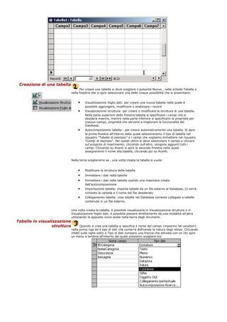 Creazione di una tabella
Per creare una tabella si deve scegliere il pulsante Nuovo.. nella scheda Tabella e
nella finestra che si apre selezionare una delle cinque possibilità che si presentano:
• Visualizzazione foglio dati: per creare una nuova tabella nella quale è
possibile aggiungere, modificare o analizzare i record
• Visualizzazione struttura: per creare o modificare la struttura di una tabella.
Nella parte superiore della finestra tabella si specificano i campi che si
desidera inserire, mentre nella parte inferiore si specificano le proprietà per
ciascun campo, proprietà che servono a migliorare la funzionalità del
Database.
• Autocomposizione tabella : per creare automaticamente una tabella. Si apre
la prima finestra all'interno della quale selezioneremo il tipo di tabella nel
riquadro "Tabelle di esempio" e i campi che vogliamo immettere nel riquadro
"Campi di esempio". Per questi ultimi si deve selezionare il campo e cliccare
sul pulsante di inserimento; cliccando sull'altro, vengono aggiunti tutti i
campi. Cliccando su Avanti si apre la seconda finestra nella quale
assegneremo il nome alla tabella, cliccando poi su Avanti.
Nella terza sceglieremo se , una volta creata la tabella si vuole:
• Modificare la struttura della tabella
• Immettere i dati nella tabella
• Immettere i dati nella tabella usando una maschera creata
dall'autocomposizione
• Importazione tabella: importa tabelle da un file esterno al Database. Ci verrà
richiesto la cartella e il nome del file desiderato
• Collegamento tabella: crea tabelle nel Database corrente collegate a tabelle
contenute in un file esterno.
Una volta creata la tabella, è possibile visualizzarla in Visualizzazione struttura o in
Visualizzazione foglio dati; è possibile passare direttamente da una modalità all'altra
utilizzando le apposite icone poste nella barra degli strumenti.
Tabelle in visualizzazione
struttura Quando si crea una tabella si specifica il nome del campo (massimo 64 caratteri)
nella prima riga ed il tipo di dati che conterrà definendo la natura degli stessi. Cliccando
infatti sulle righe sotto a Tipo di dati compare una freccia che attivata con un clic apre
un menu a tendina all'interno del quale possiamo scegliere tra:
 