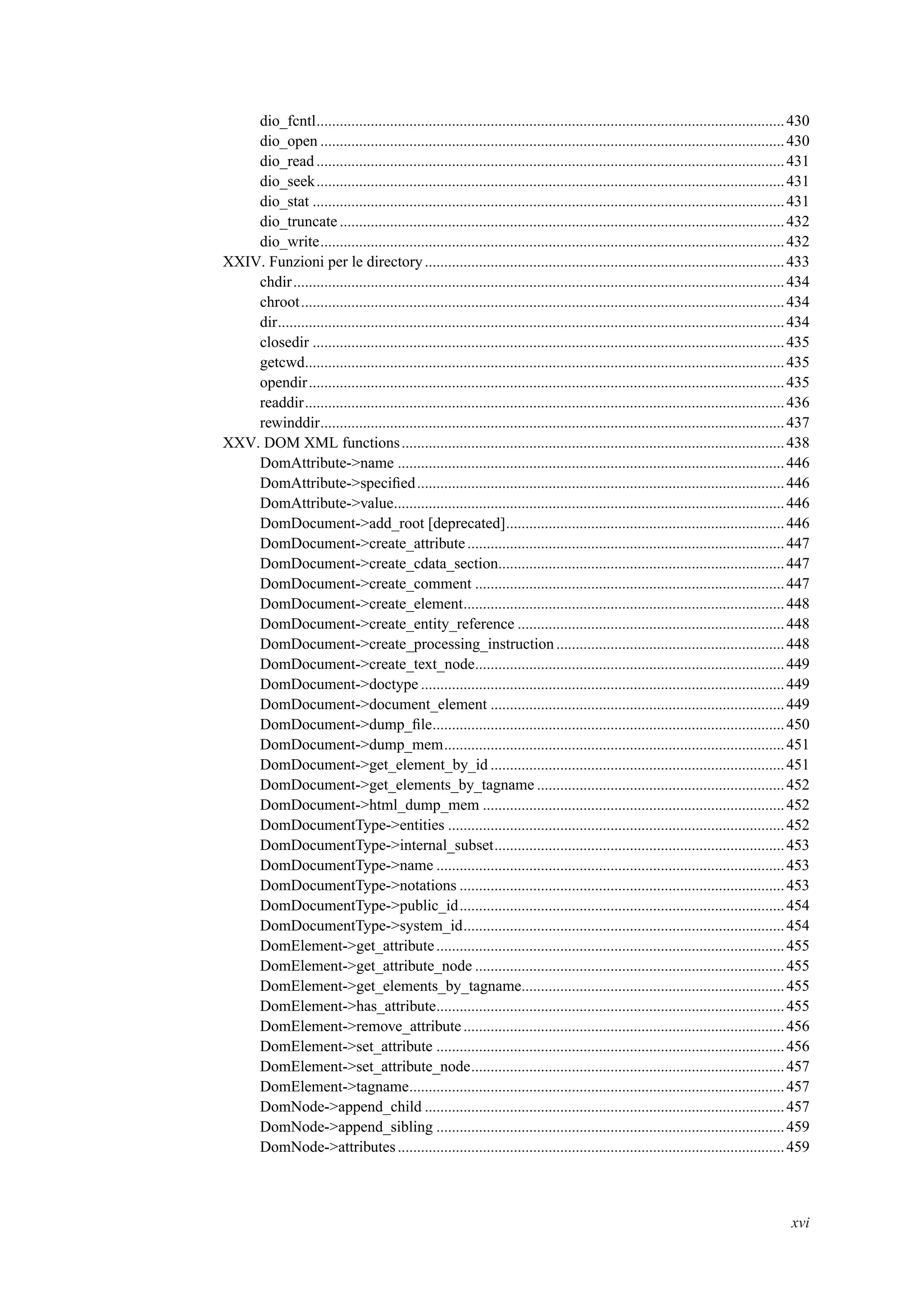 dio_fcntl.........................................................................................................................430
dio_open ........................................................................................................................430
dio_read .........................................................................................................................431
dio_seek.........................................................................................................................431
dio_stat ..........................................................................................................................431
dio_truncate ...................................................................................................................432
dio_write........................................................................................................................432
XXIV. Funzioni per le directory.............................................................................................433
chdir...............................................................................................................................434
chroot.............................................................................................................................434
dir...................................................................................................................................434
closedir ..........................................................................................................................435
getcwd............................................................................................................................435
opendir...........................................................................................................................435
readdir............................................................................................................................436
rewinddir........................................................................................................................437
XXV. DOM XML functions...................................................................................................438
DomAttribute->name ....................................................................................................446
DomAttribute->speciﬁed...............................................................................................446
DomAttribute->value.....................................................................................................446
DomDocument->add_root [deprecated]........................................................................446
DomDocument->create_attribute..................................................................................447
DomDocument->create_cdata_section..........................................................................447
DomDocument->create_comment ................................................................................447
DomDocument->create_element...................................................................................448
DomDocument->create_entity_reference .....................................................................448
DomDocument->create_processing_instruction...........................................................448
DomDocument->create_text_node................................................................................449
DomDocument->doctype ..............................................................................................449
DomDocument->document_element ............................................................................449
DomDocument->dump_ﬁle...........................................................................................450
DomDocument->dump_mem........................................................................................451
DomDocument->get_element_by_id ............................................................................451
DomDocument->get_elements_by_tagname ................................................................452
DomDocument->html_dump_mem ..............................................................................452
DomDocumentType->entities .......................................................................................452
DomDocumentType->internal_subset...........................................................................453
DomDocumentType->name ..........................................................................................453
DomDocumentType->notations ....................................................................................453
DomDocumentType->public_id....................................................................................454
DomDocumentType->system_id...................................................................................454
DomElement->get_attribute..........................................................................................455
DomElement->get_attribute_node ................................................................................455
DomElement->get_elements_by_tagname....................................................................455
DomElement->has_attribute..........................................................................................455
DomElement->remove_attribute...................................................................................456
DomElement->set_attribute ..........................................................................................456
DomElement->set_attribute_node.................................................................................457
DomElement->tagname.................................................................................................457
DomNode->append_child .............................................................................................457
DomNode->append_sibling ..........................................................................................459
DomNode->attributes....................................................................................................459
xvi
 