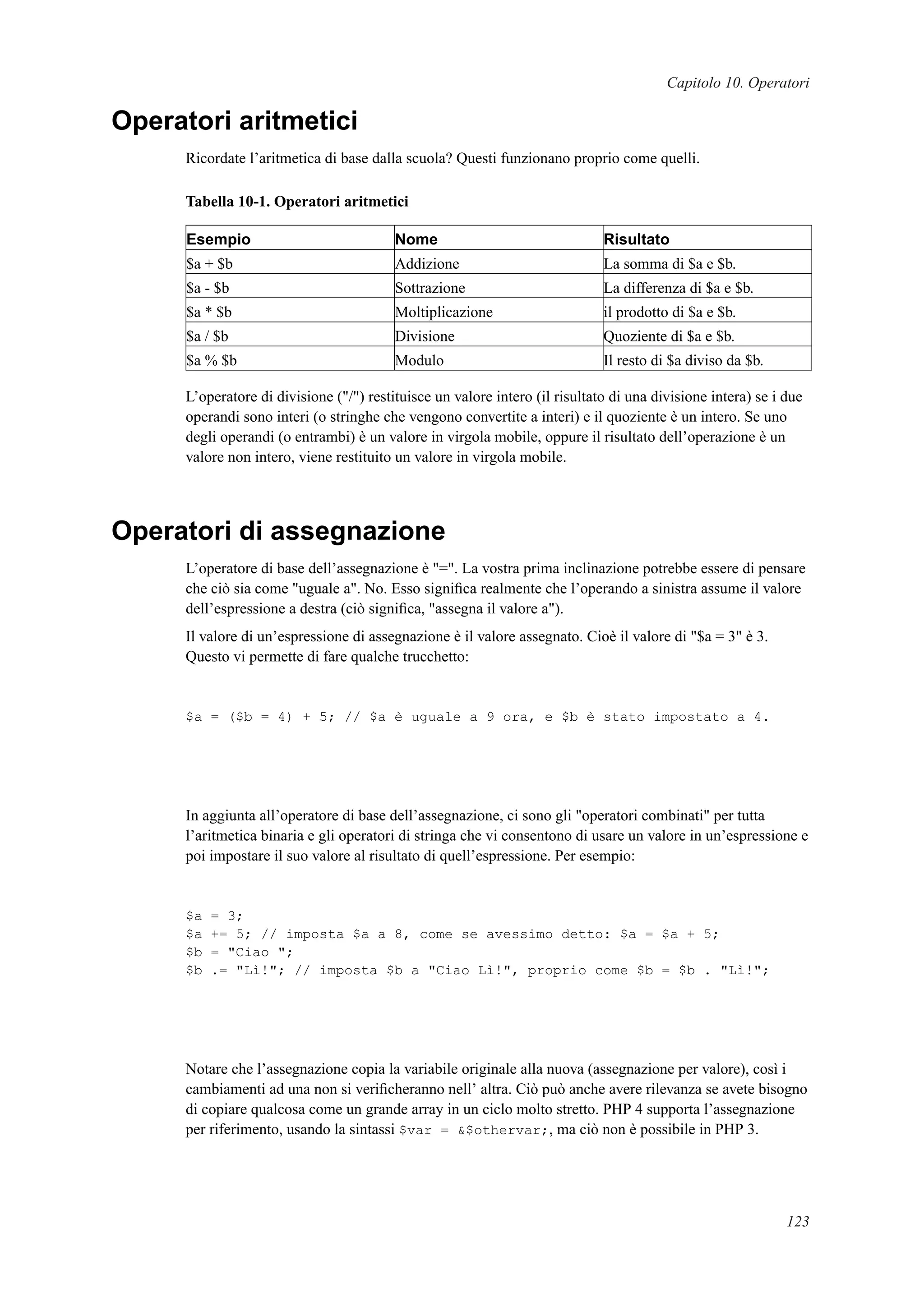 Capitolo 10. Operatori
Operatori aritmetici
Ricordate l’aritmetica di base dalla scuola? Questi funzionano proprio come quelli.
Tabella 10-1. Operatori aritmetici
Esempio Nome Risultato
$a + $b Addizione La somma di $a e $b.
$a - $b Sottrazione La differenza di $a e $b.
$a * $b Moltiplicazione il prodotto di $a e $b.
$a / $b Divisione Quoziente di $a e $b.
$a % $b Modulo Il resto di $a diviso da $b.
L’operatore di divisione ("/") restituisce un valore intero (il risultato di una divisione intera) se i due
operandi sono interi (o stringhe che vengono convertite a interi) e il quoziente è un intero. Se uno
degli operandi (o entrambi) è un valore in virgola mobile, oppure il risultato dell’operazione è un
valore non intero, viene restituito un valore in virgola mobile.
Operatori di assegnazione
L’operatore di base dell’assegnazione è "=". La vostra prima inclinazione potrebbe essere di pensare
che ciò sia come "uguale a". No. Esso signiﬁca realmente che l’operando a sinistra assume il valore
dell’espressione a destra (ciò signiﬁca, "assegna il valore a").
Il valore di un’espressione di assegnazione è il valore assegnato. Cioè il valore di "$a = 3" è 3.
Questo vi permette di fare qualche trucchetto:
$a = ($b = 4) + 5; // $a è uguale a 9 ora, e $b è stato impostato a 4.
In aggiunta all’operatore di base dell’assegnazione, ci sono gli "operatori combinati" per tutta
l’aritmetica binaria e gli operatori di stringa che vi consentono di usare un valore in un’espressione e
poi impostare il suo valore al risultato di quell’espressione. Per esempio:
$a = 3;
$a += 5; // imposta $a a 8, come se avessimo detto: $a = $a + 5;
$b = "Ciao ";
$b .= "Lì!"; // imposta $b a "Ciao Lì!", proprio come $b = $b . "Lì!";
Notare che l’assegnazione copia la variabile originale alla nuova (assegnazione per valore), così i
cambiamenti ad una non si veriﬁcheranno nell’ altra. Ciò può anche avere rilevanza se avete bisogno
di copiare qualcosa come un grande array in un ciclo molto stretto. PHP 4 supporta l’assegnazione
per riferimento, usando la sintassi $var = &$othervar;, ma ciò non è possibile in PHP 3.
123
 