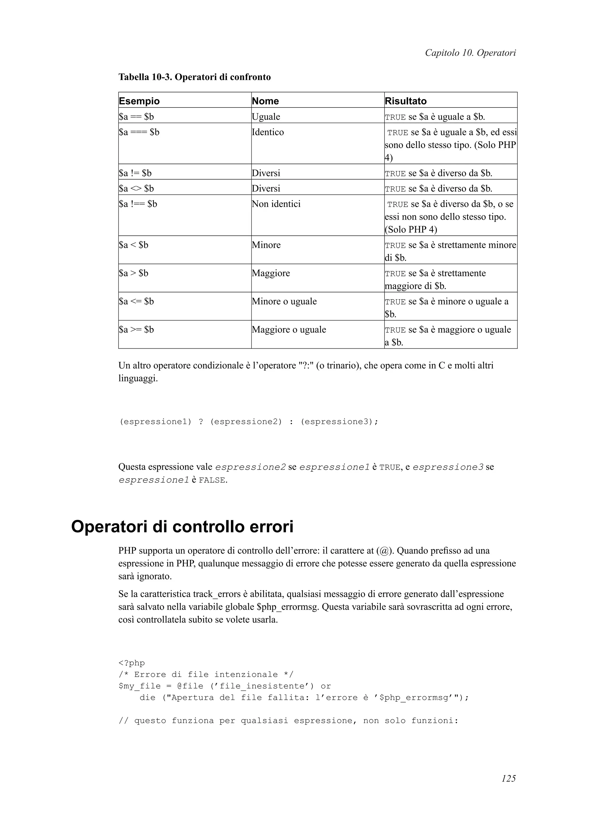 Capitolo 10. Operatori
Tabella 10-3. Operatori di confronto
Esempio Nome Risultato
$a == $b Uguale TRUE se $a è uguale a $b.
$a === $b Identico TRUE se $a è uguale a $b, ed essi
sono dello stesso tipo. (Solo PHP
4)
$a != $b Diversi TRUE se $a è diverso da $b.
$a <> $b Diversi TRUE se $a è diverso da $b.
$a !== $b Non identici TRUE se $a è diverso da $b, o se
essi non sono dello stesso tipo.
(Solo PHP 4)
$a < $b Minore TRUE se $a è strettamente minore
di $b.
$a > $b Maggiore TRUE se $a è strettamente
maggiore di $b.
$a <= $b Minore o uguale TRUE se $a è minore o uguale a
$b.
$a >= $b Maggiore o uguale TRUE se $a è maggiore o uguale
a $b.
Un altro operatore condizionale è l’operatore "?:" (o trinario), che opera come in C e molti altri
linguaggi.
(espressione1) ? (espressione2) : (espressione3);
Questa espressione vale espressione2 se espressione1 è TRUE, e espressione3 se
espressione1 è FALSE.
Operatori di controllo errori
PHP supporta un operatore di controllo dell’errore: il carattere at (@). Quando preﬁsso ad una
espressione in PHP, qualunque messaggio di errore che potesse essere generato da quella espressione
sarà ignorato.
Se la caratteristica track_errors è abilitata, qualsiasi messaggio di errore generato dall’espressione
sarà salvato nella variabile globale $php_errormsg. Questa variabile sarà sovrascritta ad ogni errore,
così controllatela subito se volete usarla.
<?php
/* Errore di file intenzionale */
$my_file = @file (’file_inesistente’) or
die ("Apertura del file fallita: l’errore è ’$php_errormsg’");
// questo funziona per qualsiasi espressione, non solo funzioni:
125
 