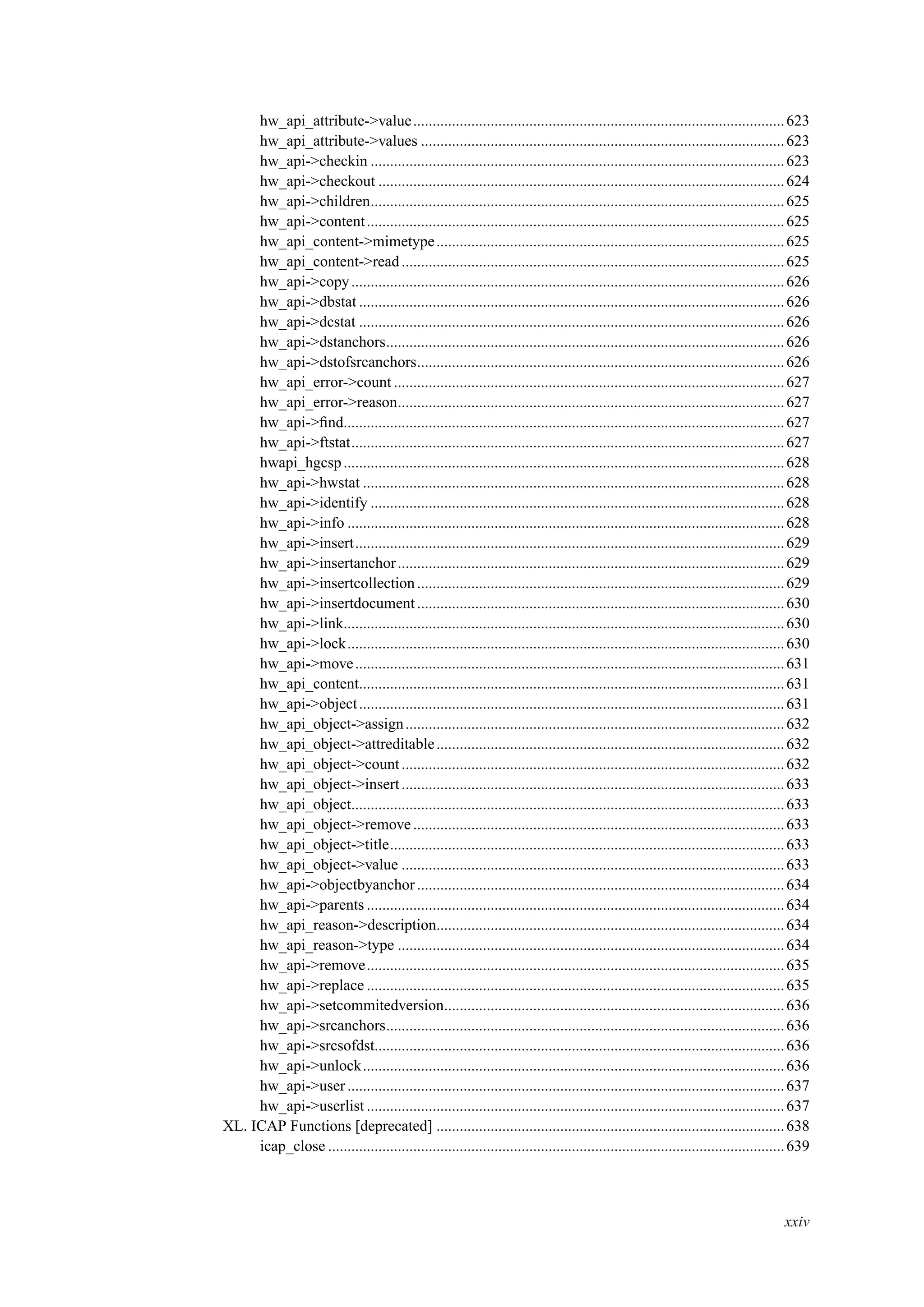 hw_api_attribute->value................................................................................................623
hw_api_attribute->values ..............................................................................................623
hw_api->checkin ...........................................................................................................623
hw_api->checkout .........................................................................................................624
hw_api->children...........................................................................................................625
hw_api->content............................................................................................................625
hw_api_content->mimetype..........................................................................................625
hw_api_content->read...................................................................................................625
hw_api->copy................................................................................................................626
hw_api->dbstat ..............................................................................................................626
hw_api->dcstat ..............................................................................................................626
hw_api->dstanchors.......................................................................................................626
hw_api->dstofsrcanchors...............................................................................................626
hw_api_error->count .....................................................................................................627
hw_api_error->reason....................................................................................................627
hw_api->ﬁnd..................................................................................................................627
hw_api->ftstat................................................................................................................627
hwapi_hgcsp..................................................................................................................628
hw_api->hwstat .............................................................................................................628
hw_api->identify ...........................................................................................................628
hw_api->info .................................................................................................................628
hw_api->insert...............................................................................................................629
hw_api->insertanchor....................................................................................................629
hw_api->insertcollection...............................................................................................629
hw_api->insertdocument...............................................................................................630
hw_api->link..................................................................................................................630
hw_api->lock.................................................................................................................630
hw_api->move...............................................................................................................631
hw_api_content..............................................................................................................631
hw_api->object..............................................................................................................631
hw_api_object->assign..................................................................................................632
hw_api_object->attreditable..........................................................................................632
hw_api_object->count...................................................................................................632
hw_api_object->insert...................................................................................................633
hw_api_object................................................................................................................633
hw_api_object->remove................................................................................................633
hw_api_object->title......................................................................................................633
hw_api_object->value ...................................................................................................633
hw_api->objectbyanchor...............................................................................................634
hw_api->parents ............................................................................................................634
hw_api_reason->description..........................................................................................634
hw_api_reason->type ....................................................................................................634
hw_api->remove............................................................................................................635
hw_api->replace ............................................................................................................635
hw_api->setcommitedversion........................................................................................636
hw_api->srcanchors.......................................................................................................636
hw_api->srcsofdst..........................................................................................................636
hw_api->unlock.............................................................................................................636
hw_api->user.................................................................................................................637
hw_api->userlist ............................................................................................................637
XL. ICAP Functions [deprecated] ..........................................................................................638
icap_close ......................................................................................................................639
xxiv
 