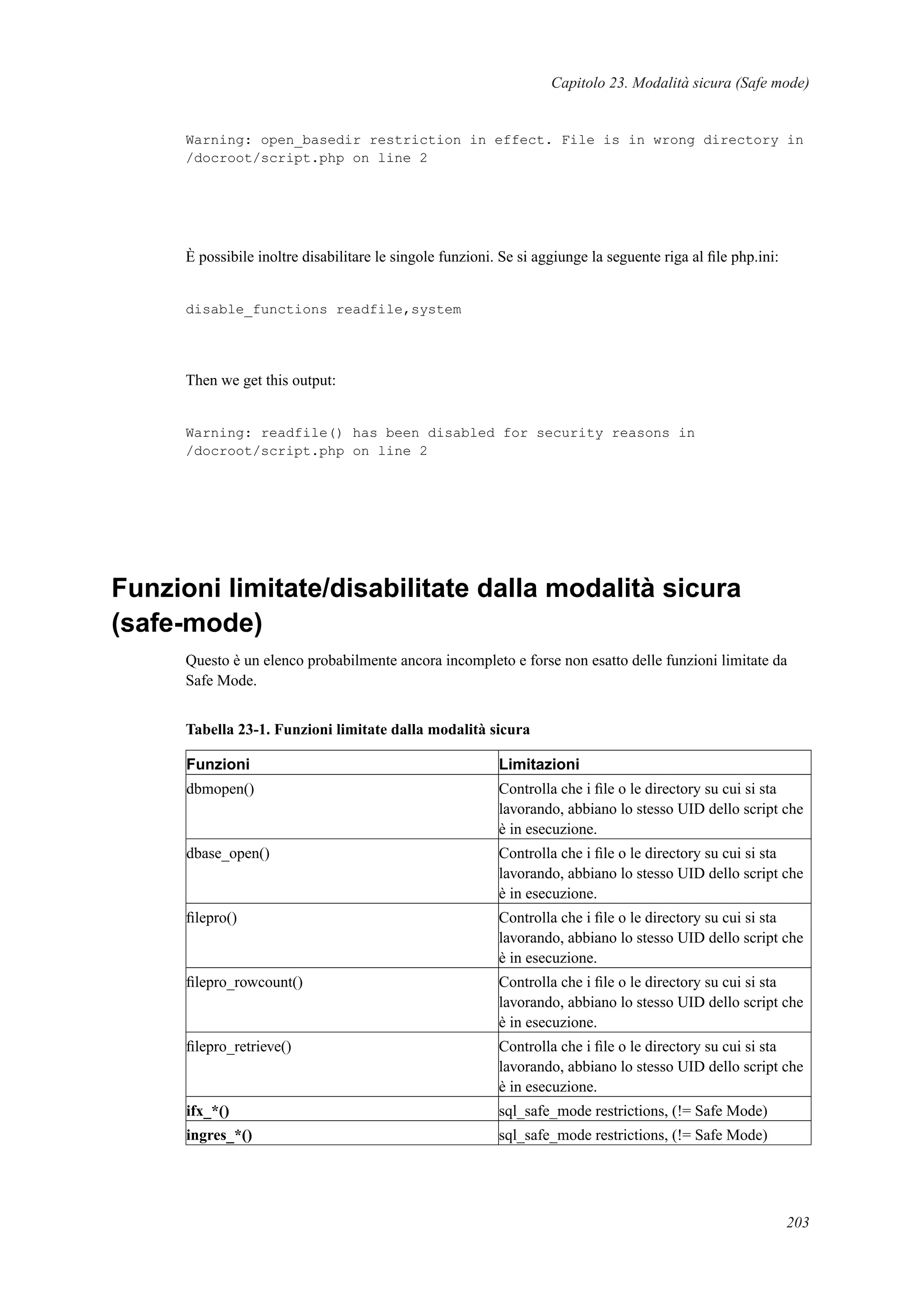 Capitolo 23. Modalità sicura (Safe mode)
Warning: open_basedir restriction in effect. File is in wrong directory in
/docroot/script.php on line 2
È possibile inoltre disabilitare le singole funzioni. Se si aggiunge la seguente riga al ﬁle php.ini:
disable_functions readfile,system
Then we get this output:
Warning: readfile() has been disabled for security reasons in
/docroot/script.php on line 2
Funzioni limitate/disabilitate dalla modalità sicura
(safe-mode)
Questo è un elenco probabilmente ancora incompleto e forse non esatto delle funzioni limitate da
Safe Mode.
Tabella 23-1. Funzioni limitate dalla modalità sicura
Funzioni Limitazioni
dbmopen() Controlla che i ﬁle o le directory su cui si sta
lavorando, abbiano lo stesso UID dello script che
è in esecuzione.
dbase_open() Controlla che i ﬁle o le directory su cui si sta
lavorando, abbiano lo stesso UID dello script che
è in esecuzione.
ﬁlepro() Controlla che i ﬁle o le directory su cui si sta
lavorando, abbiano lo stesso UID dello script che
è in esecuzione.
ﬁlepro_rowcount() Controlla che i ﬁle o le directory su cui si sta
lavorando, abbiano lo stesso UID dello script che
è in esecuzione.
ﬁlepro_retrieve() Controlla che i ﬁle o le directory su cui si sta
lavorando, abbiano lo stesso UID dello script che
è in esecuzione.
ifx_*() sql_safe_mode restrictions, (!= Safe Mode)
ingres_*() sql_safe_mode restrictions, (!= Safe Mode)
203
 