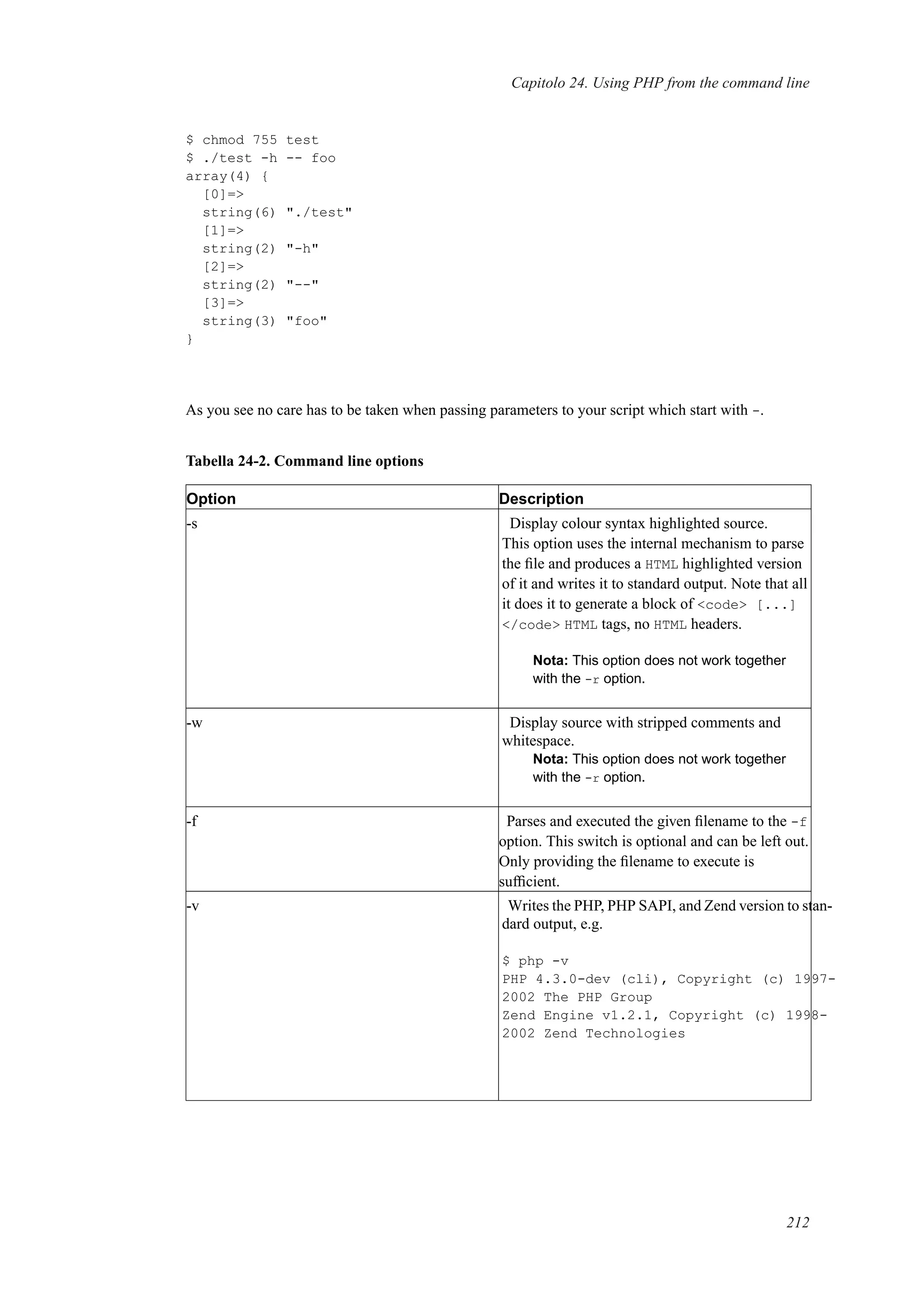 Capitolo 24. Using PHP from the command line
$ chmod 755 test
$ ./test -h -- foo
array(4) {
[0]=>
string(6) "./test"
[1]=>
string(2) "-h"
[2]=>
string(2) "--"
[3]=>
string(3) "foo"
}
As you see no care has to be taken when passing parameters to your script which start with -.
Tabella 24-2. Command line options
Option Description
-s Display colour syntax highlighted source.
This option uses the internal mechanism to parse
the ﬁle and produces a HTML highlighted version
of it and writes it to standard output. Note that all
it does it to generate a block of <code> [...]
</code> HTML tags, no HTML headers.
Nota: This option does not work together
with the -r option.
-w Display source with stripped comments and
whitespace.
Nota: This option does not work together
with the -r option.
-f Parses and executed the given ﬁlename to the -f
option. This switch is optional and can be left out.
Only providing the ﬁlename to execute is
sufﬁcient.
-v Writes the PHP, PHP SAPI, and Zend version to stan-
dard output, e.g.
$ php -v
PHP 4.3.0-dev (cli), Copyright (c) 1997-
2002 The PHP Group
Zend Engine v1.2.1, Copyright (c) 1998-
2002 Zend Technologies
212
 