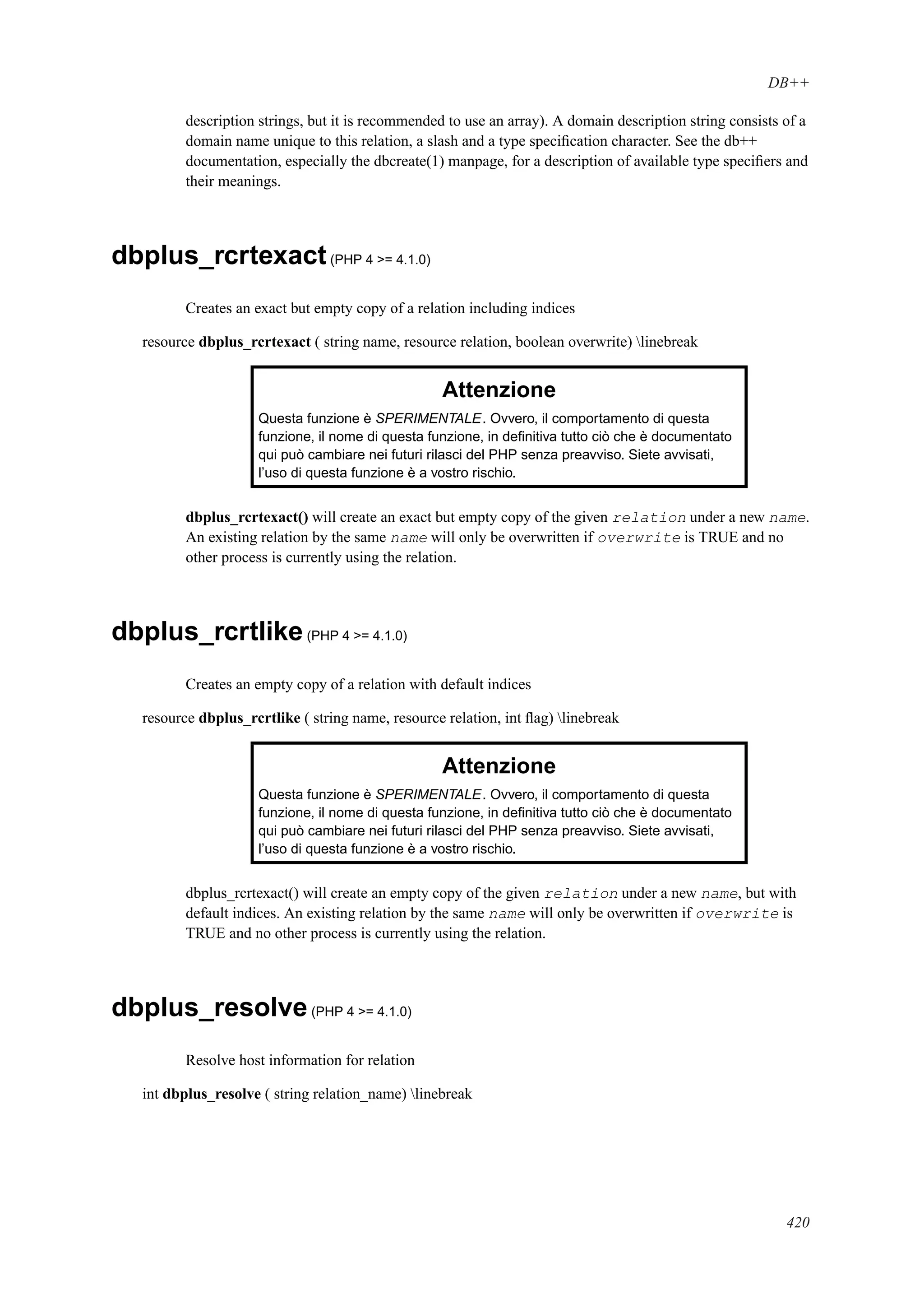 DB++
description strings, but it is recommended to use an array). A domain description string consists of a
domain name unique to this relation, a slash and a type speciﬁcation character. See the db++
documentation, especially the dbcreate(1) manpage, for a description of available type speciﬁers and
their meanings.
dbplus_rcrtexact(PHP 4 >= 4.1.0)
Creates an exact but empty copy of a relation including indices
resource dbplus_rcrtexact ( string name, resource relation, boolean overwrite) linebreak
Attenzione
Questa funzione è SPERIMENTALE. Ovvero, il comportamento di questa
funzione, il nome di questa funzione, in deﬁnitiva tutto ciò che è documentato
qui può cambiare nei futuri rilasci del PHP senza preavviso. Siete avvisati,
l’uso di questa funzione è a vostro rischio.
dbplus_rcrtexact() will create an exact but empty copy of the given relation under a new name.
An existing relation by the same name will only be overwritten if overwrite is TRUE and no
other process is currently using the relation.
dbplus_rcrtlike(PHP 4 >= 4.1.0)
Creates an empty copy of a relation with default indices
resource dbplus_rcrtlike ( string name, resource relation, int ﬂag) linebreak
Attenzione
Questa funzione è SPERIMENTALE. Ovvero, il comportamento di questa
funzione, il nome di questa funzione, in deﬁnitiva tutto ciò che è documentato
qui può cambiare nei futuri rilasci del PHP senza preavviso. Siete avvisati,
l’uso di questa funzione è a vostro rischio.
dbplus_rcrtexact() will create an empty copy of the given relation under a new name, but with
default indices. An existing relation by the same name will only be overwritten if overwrite is
TRUE and no other process is currently using the relation.
dbplus_resolve(PHP 4 >= 4.1.0)
Resolve host information for relation
int dbplus_resolve ( string relation_name) linebreak
420
 