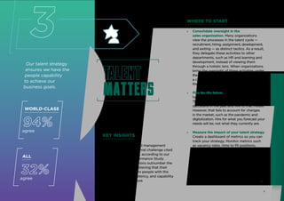 Our talent strategy
ensures we have the
people capability
to achieve our
business goals.
Talent
matters
Talent
matters
KEY INSIGHTS
Talent gaps in sales and management
teams are the top internal challenge cited
by sales organizations, according to our
2020‑2021 Sales Performance Study.
World‑class organizations outnumber the
rest three to one in believing that their
talent strategy delivers people with the
right capacity, competency, and capability
to succeed in the future..
WHERE TO START
» Consolidate oversight in the
sales organization. Many organizations
view the processes in the talent cycle —
recruitment, hiring, assignment, development,
and exiting — as distinct tactics. As a result,
they delegate these activities to other
departments, such as HR and learning and
development, instead of viewing them
through a holistic lens. When organizations
bring the oversight of these activities under
the sales organization’s umbrella, they develop
a clearer vision that enables success against
the business goals of the sales organization.
» Plan for the future. Many sales organizations
have a backward-looking view of hiring.
They tend to look at what’s made them
successful in the past and hire to that model.
However, that fails to account for changes
in the market, such as the pandemic and
digitalization. Hire for what you forecast your
needs will be, not what they currently are.
» Measure the impact of your talent strategy.
Create a dashboard of metrics so you can
track your strategy. Monitor metrics such
as vacancy rates, time to fill positions,
percentage of positions filled internally
and externally, time between hire date
and full-quota productivity, engagement
levels, and voluntary and involuntary
attrition. Supplement this objective data
with qualitative feedback from new hires,
exit interviews, and clients. Every quarter,
review your data and refine your strategy.
ALL
32%
agree
3
WORLD-CLASS
94%
agree
7
 