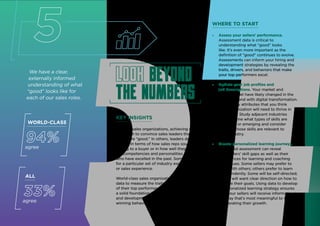 We have a clear,
externally informed
understanding of what
“good” looks like for
each of our sales roles.
KEY INSIGHTS
In many sales organizations, achieving quota
is enough to convince sales leaders that their
sellers are “good.” In others, leaders define
“good” in terms of how sales reps sound when
talking to a buyer or in how well they reflect
the competencies and personalities of sellers
who have excelled in the past. Some look
for a particular set of industry expertise
or sales experience.
World-class sales organizations use objective
data to measure the traits and capabilities
of their top performers. This gives them
a solid foundation to base their hiring
and development decisions, to replicate
winning behaviors in their other sellers.
ALL
33%
agree
5 WHERE TO START
» Assess your sellers’ performance.
Assessment data is critical to
understanding what “good” looks
like. It’s even more important as the
definition of “good” continues to evolve.
Assessments can inform your hiring and
development strategies by revealing the
traits, drivers, and behaviors that make
your top performers excel.
» Update your job profiles and
job descriptions. Your market and
selling model have likely changed in the
pandemic and with digital transformation.
List the key attributes that you think
your organization will need to thrive in
the future. Study adjacent industries
to determine what types of skills are
prevalent or emerging and consider
whether those skills are relevant to
your industry.
» Create personalized learning journeys.
A detailed assessment can reveal
your sellers’ skill gaps as well as their
preferences for learning and coaching
techniques. Some sellers may prefer to
learn with others; others prefer to learn
independently. Some will be self-directed;
others will want clear direction on how to
achieve their goals. Using data to develop
a personalized learning strategy ensures
that your sellers will receive information in
the way that’s most meaningful to them,
accelerating their growth.
Look beyond
the numbers
WORLD-CLASS
94%
agree
9
 