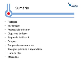 •Histórico 
•Introdução 
•Propagação de calor 
•Diagrama de fases 
•Etapas da liofilização 
•Colapso 
•Temperatura em um vial 
•Secagem primária e secundária 
•Linha Telstar 
•Mercados 
Sumário  