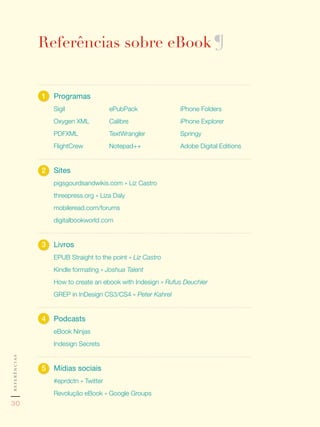Referências sobre eBook ¶


              1	 Programas	
                 Sigil                ePubPack              iPhone Folders
                 Oxygen XML           Calibre               iPhone Explorer
                 PDFXML               TextWrangler          Springy
                 FlightCrew           Notepad++             Adobe Digital Editions


              2	 Sites	
                 pigsgourdsandwikis.com » Liz Castro
                 threepress.org » Liza Daly
                 mobileread.com/forums
                 digitalbookworld.com


              3	 Livros	
                 EPUB Straight to the point » Liz Castro
                 Kindle formating » Joshua Talent
                 How to create an ebook with Indesign » Rufus Deuchler
                 GREP in InDesign CS3/CS4 » Peter Kahrel


              4	 Podcasts	
                 eBook Ninjas
                 Indesign Secrets
referências




              5	 Mídias	sociais	
                 #eprdctn » Twitter
                 Revolução eBook » Google Groups
30
 