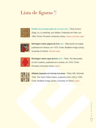 Lista de figuras ¶


     Detalhe	da	encadernação	de	um	livro	raro	» Título do livro:
     Zadig, ou, La destinée, por Voltaire. Publicado em Paris, em
     1893. Fonte: Princeton University Library. Capa e primeira capa


     Montagem	sobre	página	de	livro	raro	» Manuscrito em papel,
     publicado em Veneza, em 1476. Fonte: Bodleian Image Library,
     University of Oxford. Terceira capa


     Montagem	sobre	capa	de	livro	raro	» Título: The discoveries
     of John Lederer, publicado em Londres, em 1672. Fonte:
     Princeton University Library. pág 6


     Alfabeto	baseado	em	formas	humanas	» Título: MS. Ashmole
     1504, The Tudor Pattern Book. publicado entre 1520 e 1530.
     Fonte: Bodleian Image Library, University of Oxford. pág 6




                                                                       l i s ta d e f i g u r a s




                                                                          31
 