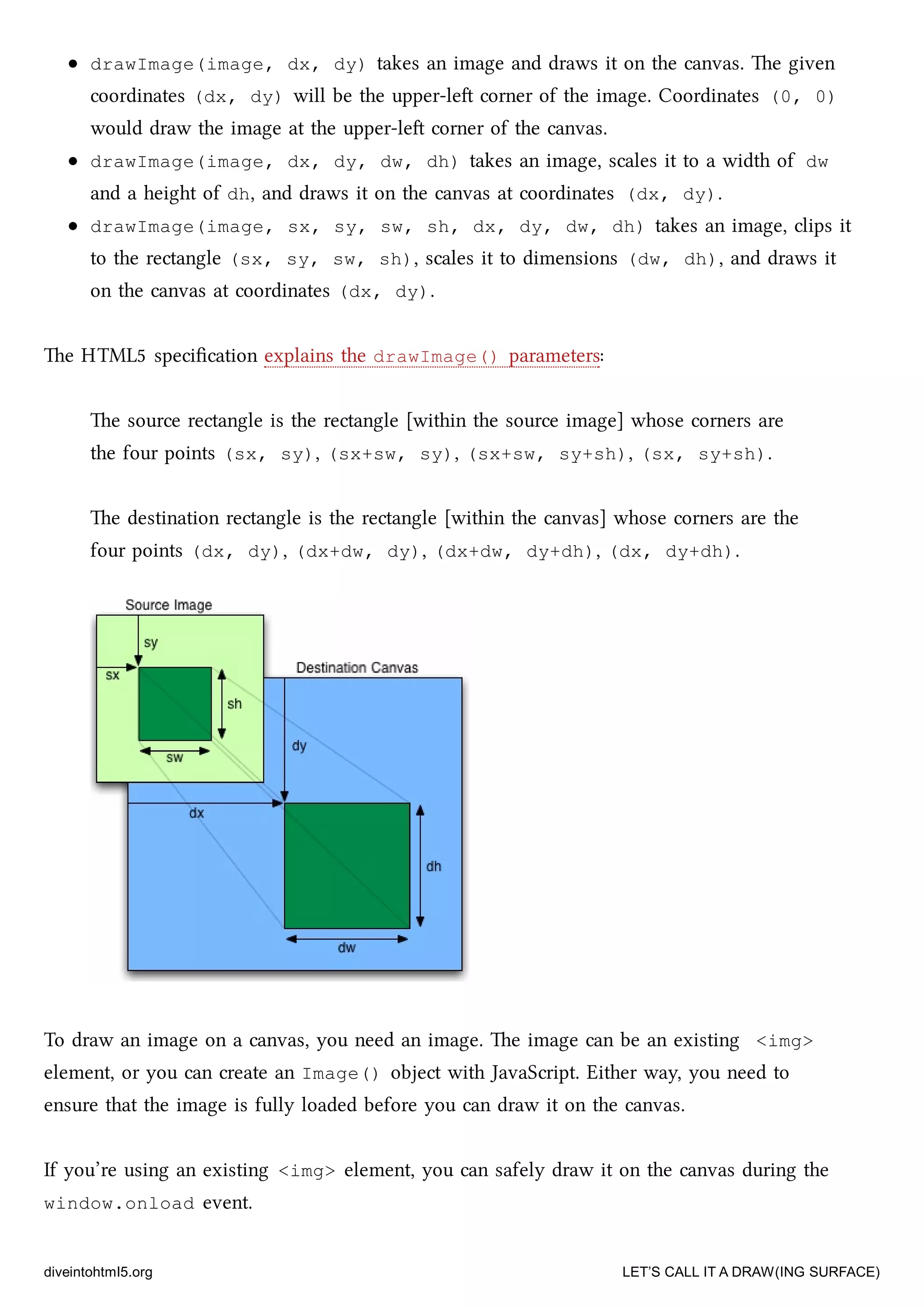 drawImage(image, dx, dy) takes an image and draws it on the canvas. e given
coordinates (dx, dy) will be the upper-le corner of the image. Coordinates (0, 0)
would draw the image at the upper-le corner of the canvas.
drawImage(image, dx, dy, dw, dh) takes an image, scales it to a width of dw
and a height of dh, and draws it on the canvas at coordinates (dx, dy).
drawImage(image, sx, sy, sw, sh, dx, dy, dw, dh) takes an image, clips it
to the rectangle (sx, sy, sw, sh), scales it to dimensions (dw, dh), and draws it
on the canvas at coordinates (dx, dy).
e HTML5 speciﬁcation explains the drawImage() parameters:
e source rectangle is the rectangle [within the source image] whose corners are
the four points (sx, sy), (sx+sw, sy), (sx+sw, sy+sh), (sx, sy+sh).
e destination rectangle is the rectangle [within the canvas] whose corners are the
four points (dx, dy), (dx+dw, dy), (dx+dw, dy+dh), (dx, dy+dh).
To draw an image on a canvas, you need an image. e image can be an existing <img>
element, or you can create an Image() object with JavaScript. Either way, you need to
ensure that the image is fully loaded before you can draw it on the canvas.
If you’re using an existing <img> element, you can safely draw it on the canvas during the
window.onload event.
diveintohtml5.org LET’S CALL IT A DRAW(ING SURFACE)
 