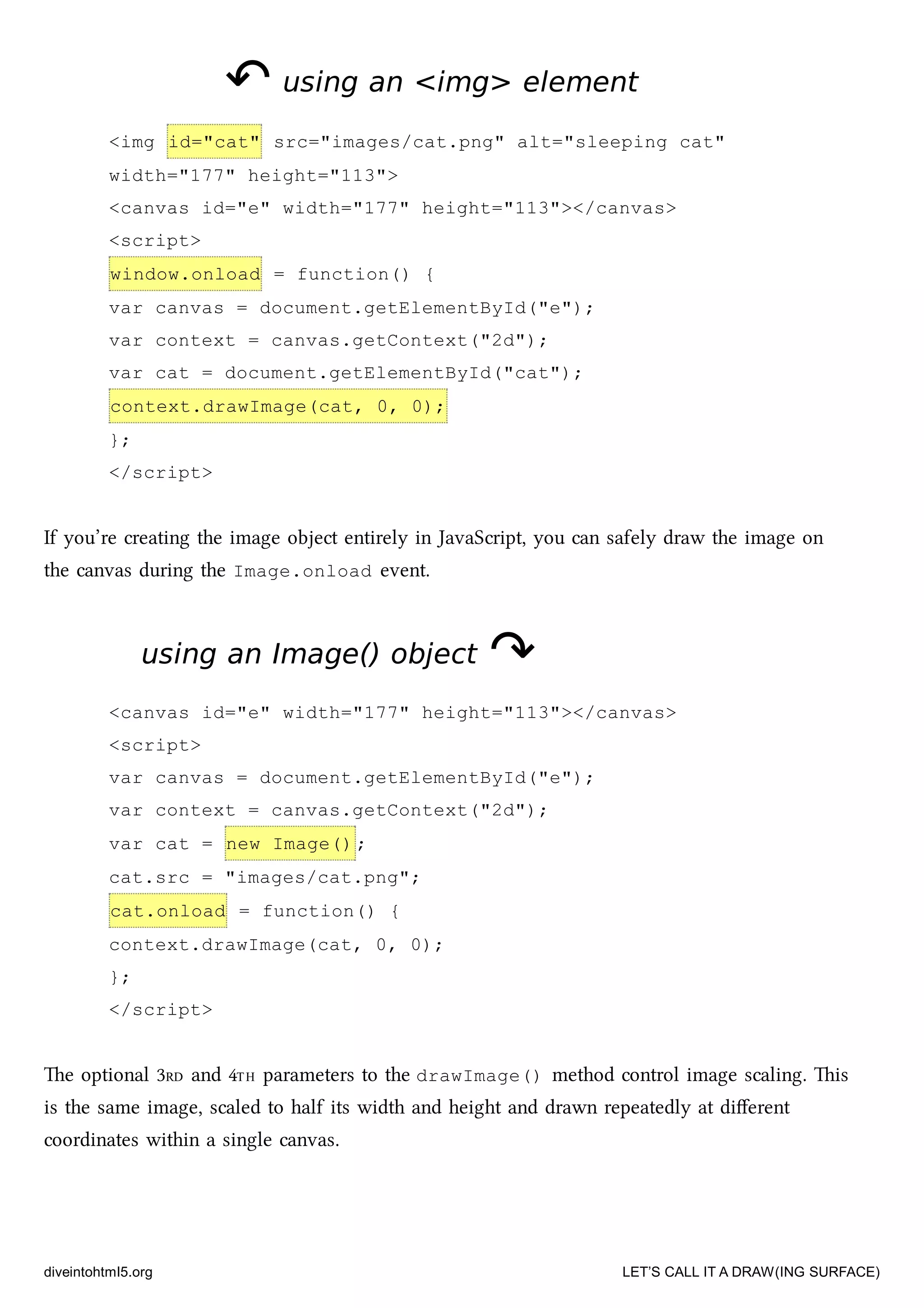 ↶↶ using an <img> elementusing an <img> element
<img id="cat" src="images/cat.png" alt="sleeping cat"
width="177" height="113">
<canvas id="e" width="177" height="113"></canvas>
<script>
window.onload = function() {
var canvas = document.getElementById("e");
var context = canvas.getContext("2d");
var cat = document.getElementById("cat");
context.drawImage(cat, 0, 0);
};
</script>
If you’re creating the image object entirely in JavaScript, you can safely draw the image on
the canvas during the Image.onload event.
using an Image() objectusing an Image() object ↷↷
<canvas id="e" width="177" height="113"></canvas>
<script>
var canvas = document.getElementById("e");
var context = canvas.getContext("2d");
var cat = new Image() ;
cat.src = "images/cat.png";
cat.onload = function() {
context.drawImage(cat, 0, 0);
};
</script>
e optional 3RD and 4TH parameters to the drawImage() method control image scaling. is
is the same image, scaled to half its width and height and drawn repeatedly at diﬀerent
coordinates within a single canvas.
diveintohtml5.org LET’S CALL IT A DRAW(ING SURFACE)
 