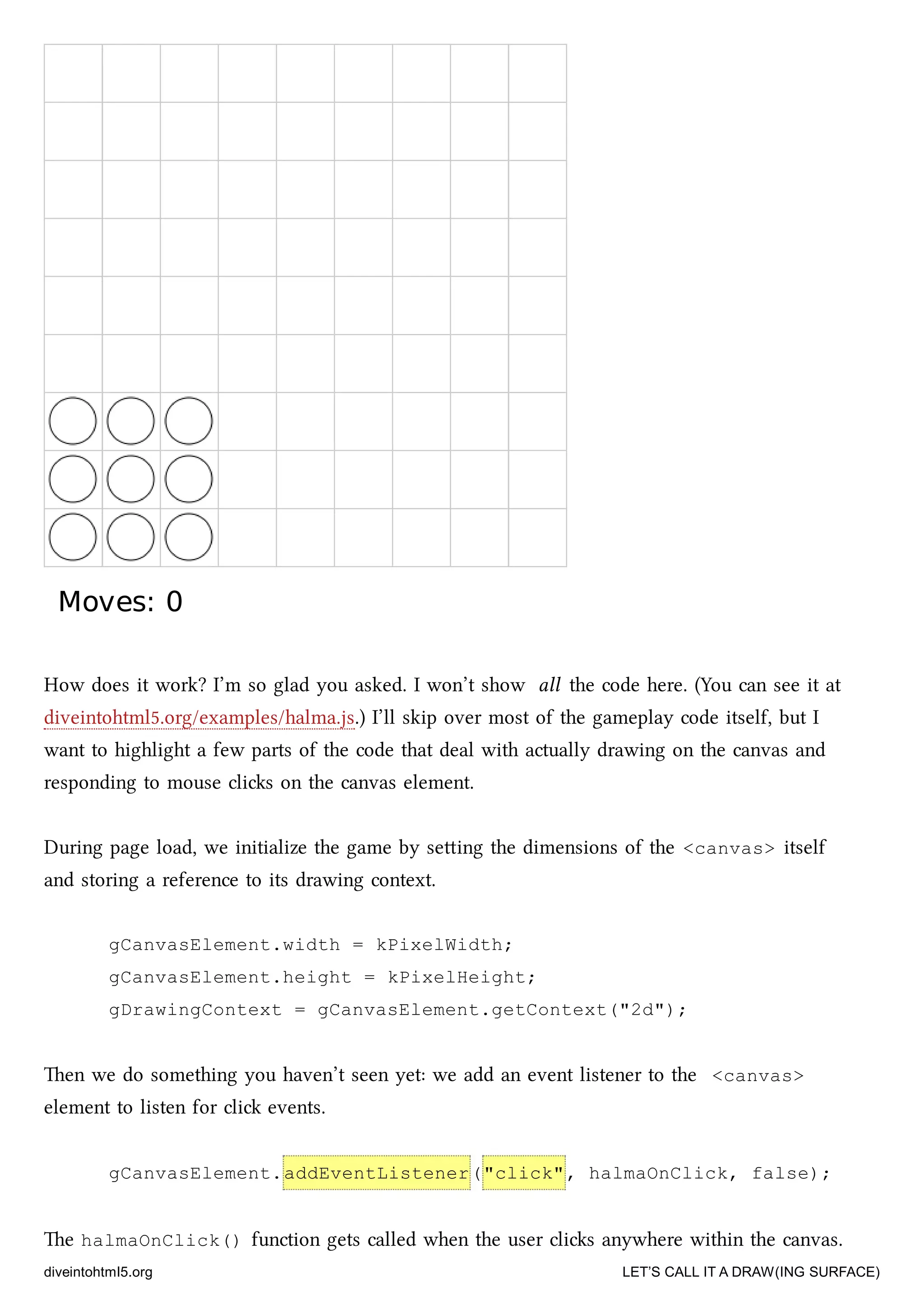 Moves:Moves: 00
How does it work? I’m so glad you asked. I won’t show all the code here. (You can see it at
diveintohtml5.org/examples/halma.js.) I’ll skip over most of the gameplay code itself, but I
want to highlight a few parts of the code that deal with actually drawing on the canvas and
responding to mouse clis on the canvas element.
During page load, we initialize the game by seing the dimensions of the <canvas> itself
and storing a reference to its drawing context.
gCanvasElement.width = kPixelWidth;
gCanvasElement.height = kPixelHeight;
gDrawingContext = gCanvasElement.getContext("2d");
en we do something you haven’t seen yet: we add an event listener to the <canvas>
element to listen for cli events.
gCanvasElement.addEventListener("click", halmaOnClick, false);
e halmaOnClick() function gets called when the user clis anywhere within the canvas.
diveintohtml5.org LET’S CALL IT A DRAW(ING SURFACE)
 