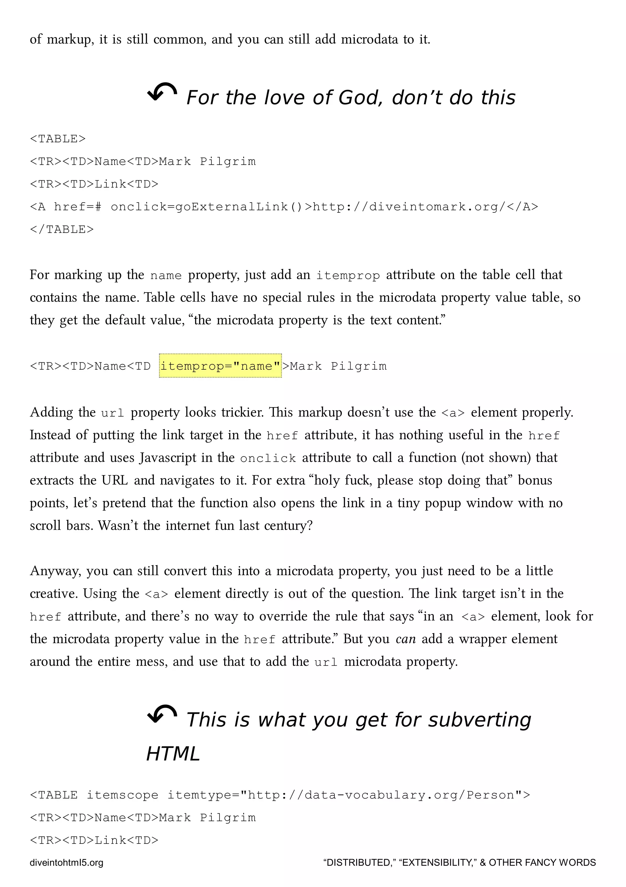 of markup, it is still common, and you can still add microdata to it.
↶↶ For the love of God, don’t do thisFor the love of God, don’t do this
<TABLE>
<TR><TD>Name<TD>Mark Pilgrim
<TR><TD>Link<TD>
<A href=# onclick=goExternalLink()>http://diveintomark.org/</A>
</TABLE>
For marking up the name property, just add an itemprop aribute on the table cell that
contains the name. Table cells have no special rules in the microdata property value table, so
they get the default value, “the microdata property is the text content.”
<TR><TD>Name<TD itemprop="name">Mark Pilgrim
Adding the url property looks triier. is markup doesn’t use the <a> element properly.
Instead of puing the link target in the href aribute, it has nothing useful in the href
aribute and uses Javascript in the onclick aribute to call a function (not shown) that
extracts the URL and navigates to it. For extra “holy fu, please stop doing that” bonus
points, let’s pretend that the function also opens the link in a tiny popup window with no
scroll bars. Wasn’t the internet fun last century?
Anyway, you can still convert this into a microdata property, you just need to be a lile
creative. Using the <a> element directly is out of the question. e link target isn’t in the
href aribute, and there’s no way to override the rule that says “in an <a> element, look for
the microdata property value in the href aribute.” But you can add a wrapper element
around the entire mess, and use that to add the url microdata property.
↶↶ This is what you get for subvertingThis is what you get for subverting
HTMLHTML
<TABLE itemscope itemtype="http://data-vocabulary.org/Person">
<TR><TD>Name<TD>Mark Pilgrim
<TR><TD>Link<TD>
diveintohtml5.org “DISTRIBUTED,” “EXTENSIBILITY,” & OTHER FANCY WORDS
 