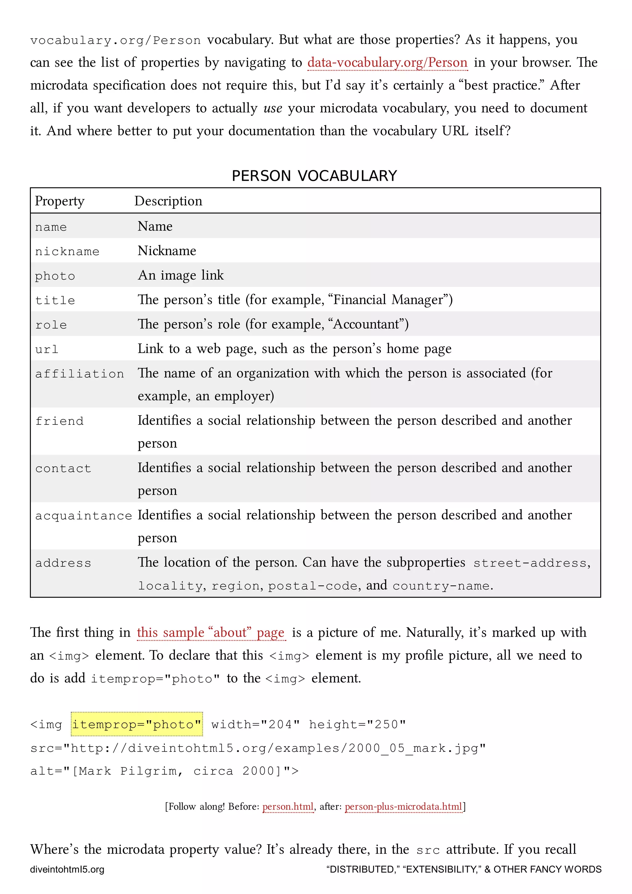 vocabulary.org/Person vocabulary. But what are those properties? As it happens, you
can see the list of properties by navigating to data-vocabulary.org/Person in your browser. e
microdata speciﬁcation does not require this, but I’d say it’s certainly a “best practice.” Aer
all, if you want developers to actually use your microdata vocabulary, you need to document
it. And where beer to put your documentation than the vocabulary URL itself?
PERSON VOCABULARYPERSON VOCABULARY
Property Description
name Name
nickname Niname
photo An image link
title e person’s title (for example, “Financial Manager”)
role e person’s role (for example, “Accountant”)
url Link to a web page, su as the person’s home page
affiliation e name of an organization with whi the person is associated (for
example, an employer)
friend Identiﬁes a social relationship between the person described and another
person
contact Identiﬁes a social relationship between the person described and another
person
acquaintance Identiﬁes a social relationship between the person described and another
person
address e location of the person. Can have the subproperties street-address,
locality, region, postal-code, and country-name.
e ﬁrst thing in this sample “about” page is a picture of me. Naturally, it’s marked up with
an <img> element. To declare that this <img> element is my proﬁle picture, all we need to
do is add itemprop="photo" to the <img> element.
<img itemprop="photo" width="204" height="250"
src="http://diveintohtml5.org/examples/2000_05_mark.jpg"
alt="[Mark Pilgrim, circa 2000]">
[Follow along! Before: person.html, aer: person-plus-microdata.html]
Where’s the microdata property value? It’s already there, in the src aribute. If you recall
diveintohtml5.org “DISTRIBUTED,” “EXTENSIBILITY,” & OTHER FANCY WORDS
 