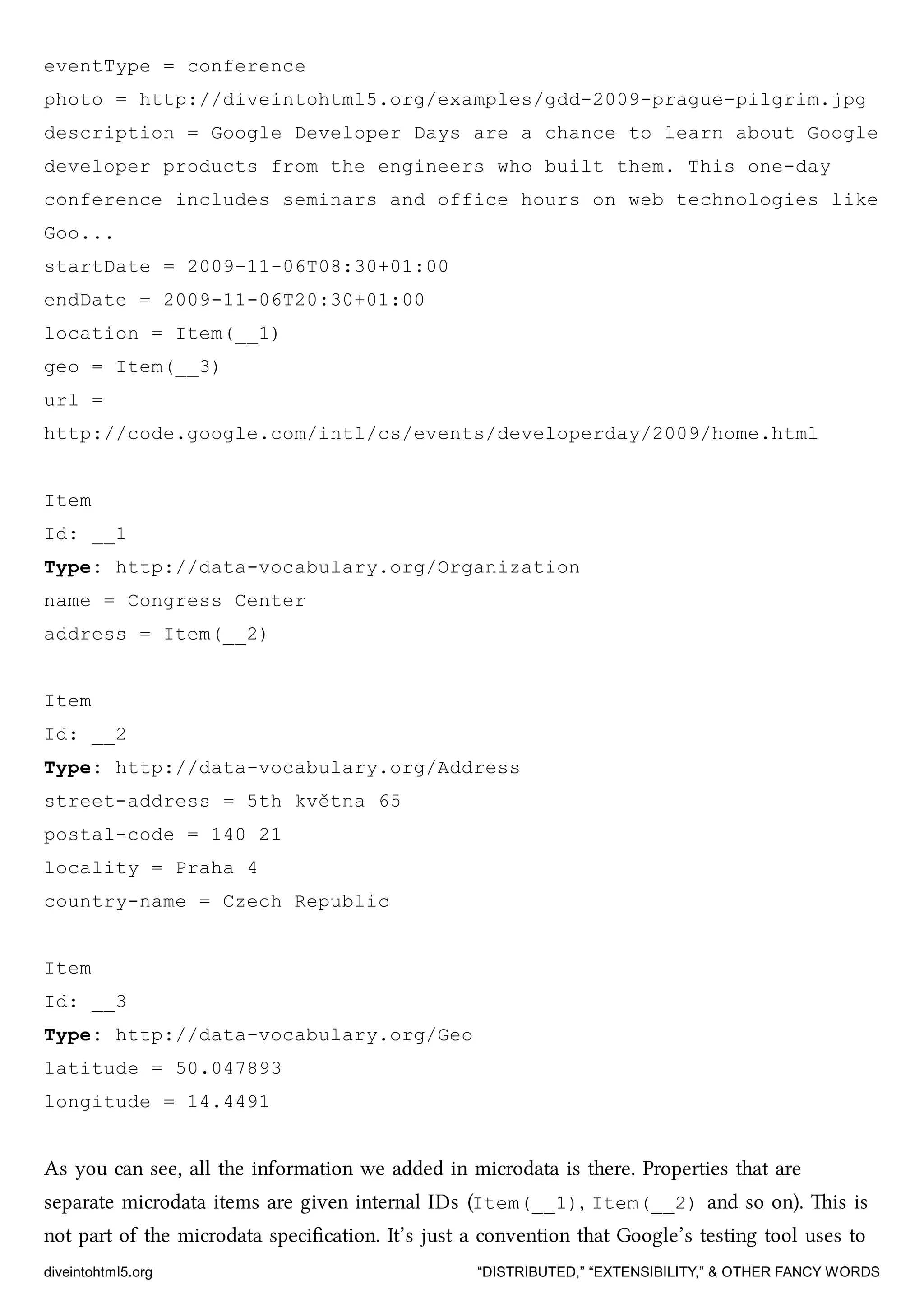 eventType = conference
photo = http://diveintohtml5.org/examples/gdd-2009-prague-pilgrim.jpg
description = Google Developer Days are a chance to learn about Google
developer products from the engineers who built them. This one-day
conference includes seminars and office hours on web technologies like
Goo...
startDate = 2009-11-06T08:30+01:00
endDate = 2009-11-06T20:30+01:00
location = Item(__1)
geo = Item(__3)
url =
http://code.google.com/intl/cs/events/developerday/2009/home.html
Item
Id: __1
Type: http://data-vocabulary.org/Organization
name = Congress Center
address = Item(__2)
Item
Id: __2
Type: http://data-vocabulary.org/Address
street-address = 5th května 65
postal-code = 140 21
locality = Praha 4
country-name = Czech Republic
Item
Id: __3
Type: http://data-vocabulary.org/Geo
latitude = 50.047893
longitude = 14.4491
As you can see, all the information we added in microdata is there. Properties that are
separate microdata items are given internal IDs (Item(__1), Item(__2) and so on). is is
not part of the microdata speciﬁcation. It’s just a convention that Google’s testing tool uses to
diveintohtml5.org “DISTRIBUTED,” “EXTENSIBILITY,” & OTHER FANCY WORDS
 