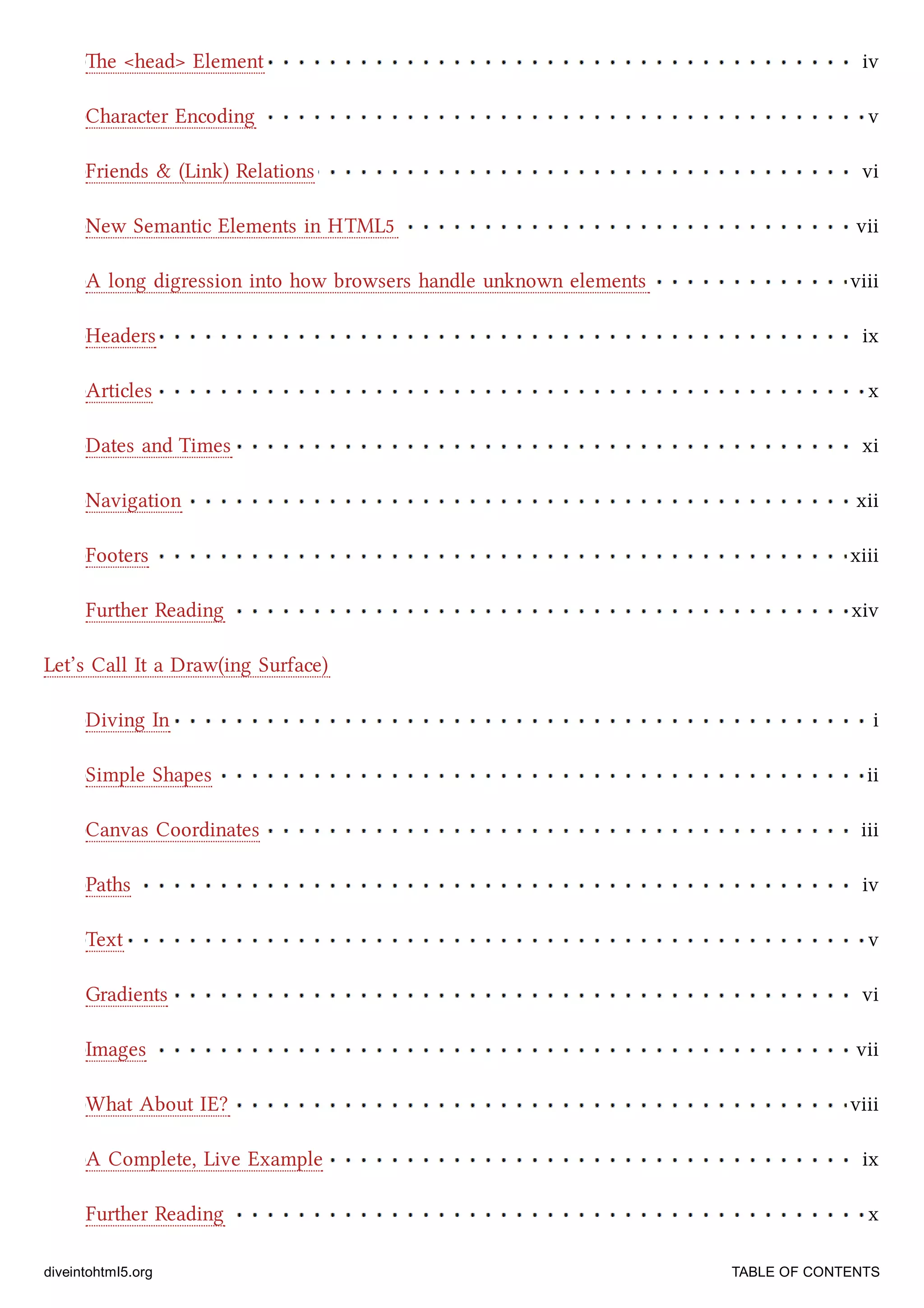 e <head> Element iv
Character Encoding v
Friends & (Link) Relations vi
New Semantic Elements in HTML5 vii
A long digression into how browsers handle unknown elements viii
Headers ix
Articles x
Dates and Times xi
Navigation xii
Footers xiii
Further Reading xiv
Diving In i
Simple Shapes ii
Canvas Coordinates iii
Paths iv
Text v
Gradients vi
Images vii
What About IE? viii
A Complete, Live Example ix
Further Reading x
Let’s Call It a Draw(ing Surface)
diveintohtml5.org TABLE OF CONTENTS
 