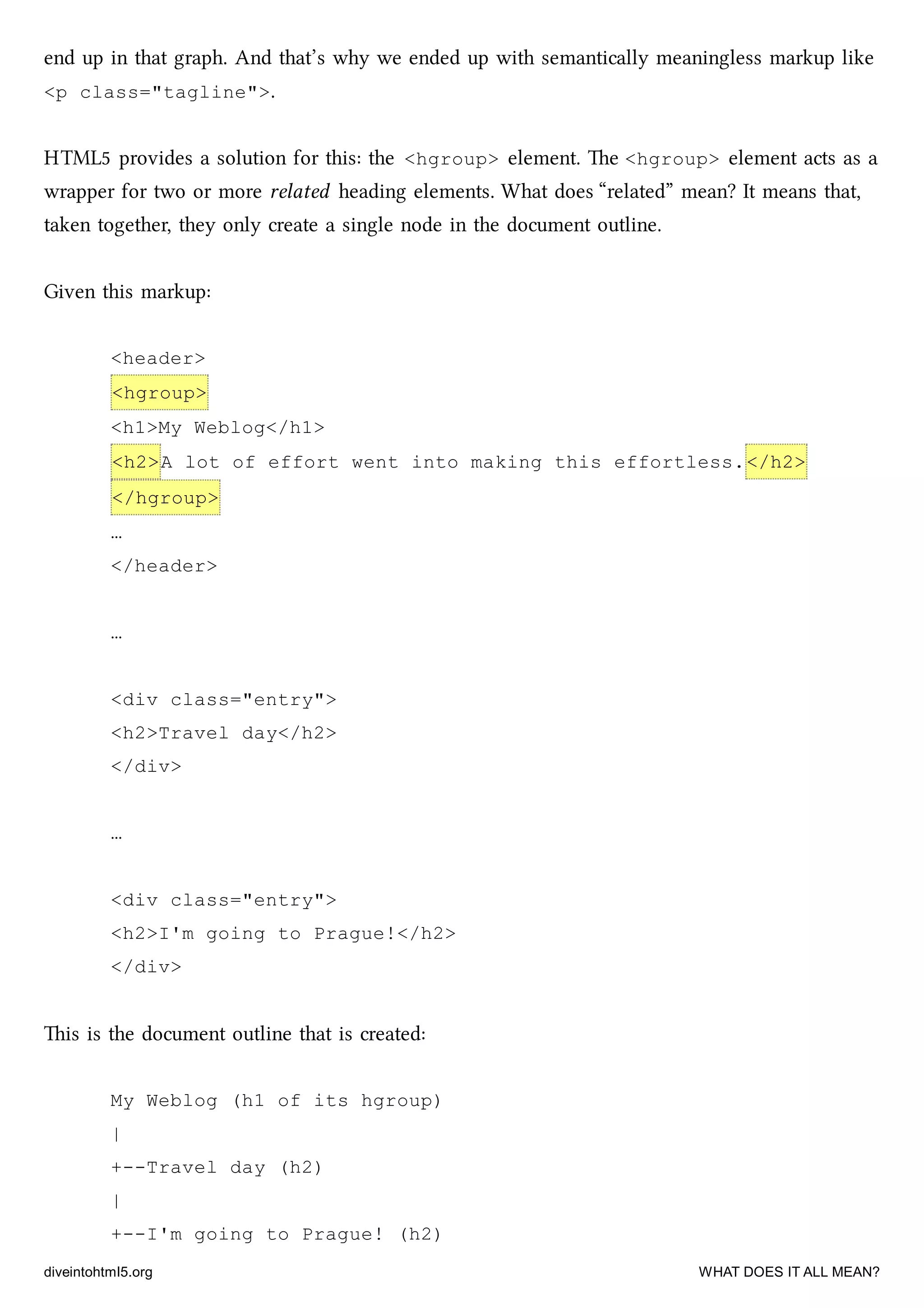 end up in that graph. And that’s why we ended up with semantically meaningless markup like
<p class="tagline">.
HTML5 provides a solution for this: the <hgroup> element. e <hgroup> element acts as a
wrapper for two or more related heading elements. What does “related” mean? It means that,
taken together, they only create a single node in the document outline.
Given this markup:
<header>
<hgroup>
<h1>My Weblog</h1>
<h2>A lot of effort went into making this effortless.</h2>
</hgroup>
…
</header>
…
<div class="entry">
<h2>Travel day</h2>
</div>
…
<div class="entry">
<h2>I'm going to Prague!</h2>
</div>
is is the document outline that is created:
My Weblog (h1 of its hgroup)
|
+--Travel day (h2)
|
+--I'm going to Prague! (h2)
diveintohtml5.org WHAT DOES IT ALL MEAN?
 