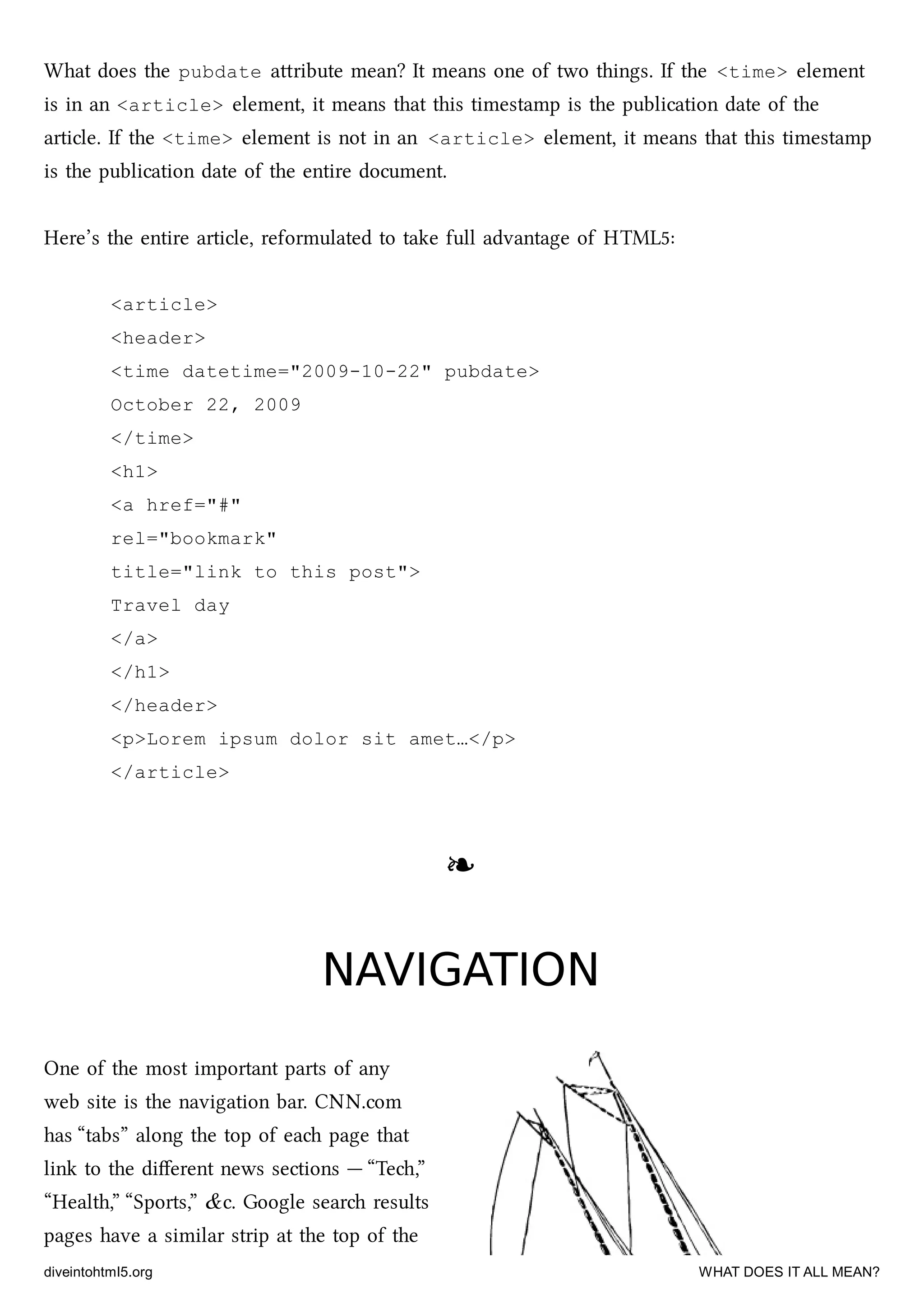 What does the pubdate aribute mean? It means one of two things. If the <time> element
is in an <article> element, it means that this timestamp is the publication date of the
article. If the <time> element is not in an <article> element, it means that this timestamp
is the publication date of the entire document.
Here’s the entire article, reformulated to take full advantage of HTML5:
<article>
<header>
<time datetime="2009-10-22" pubdate>
October 22, 2009
</time>
<h1>
<a href="#"
rel="bookmark"
title="link to this post">
Travel day
</a>
</h1>
</header>
<p>Lorem ipsum dolor sit amet…</p>
</article>
❧❧
NAVIGATIONNAVIGATION
One of the most important parts of any
web site is the navigation bar. CNN.com
has “tabs” along the top of ea page that
link to the diﬀerent news sections — “Te,”
“Health,” “Sports,” &c. Google sear results
pages have a similar strip at the top of the
diveintohtml5.org WHAT DOES IT ALL MEAN?
 