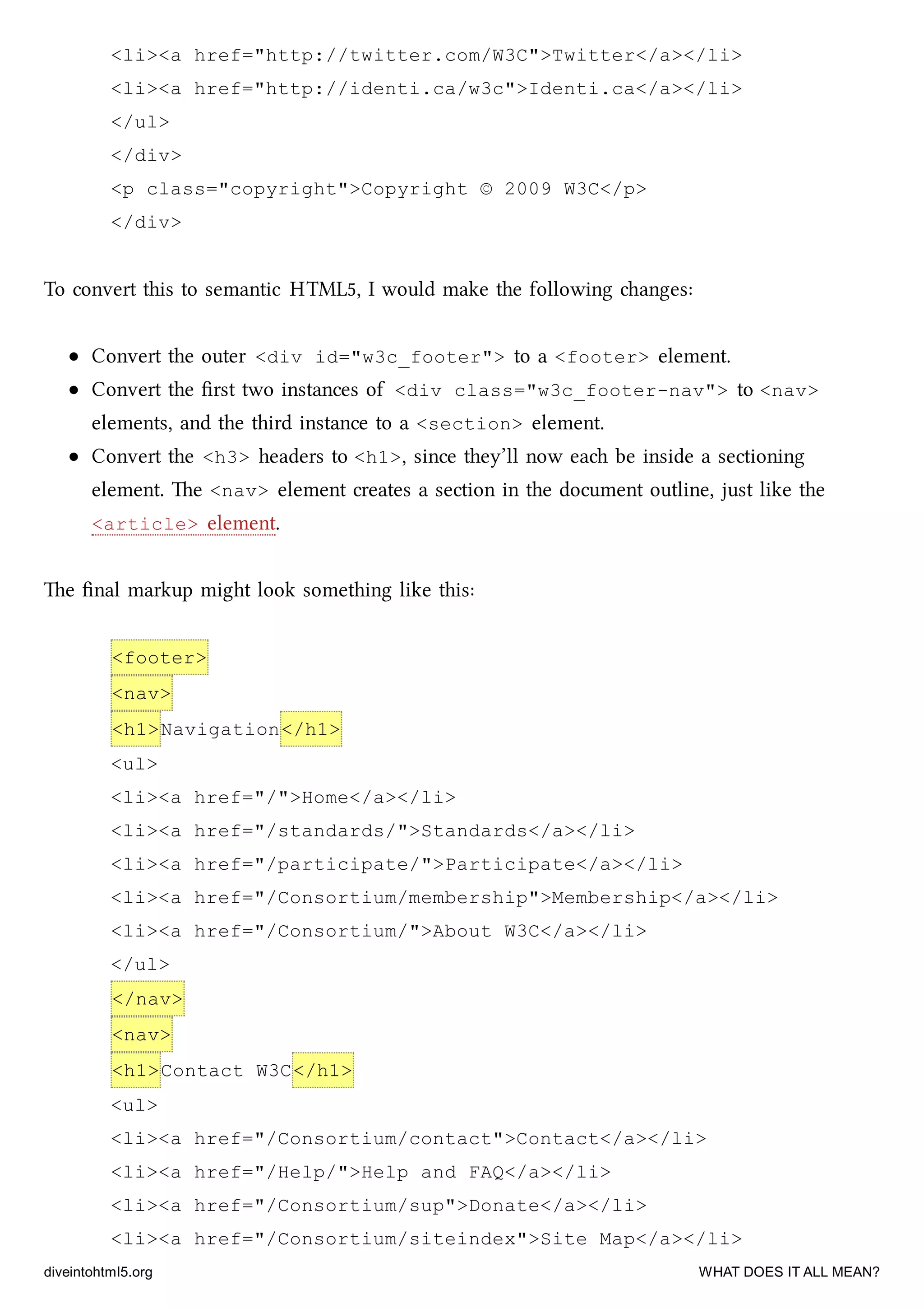 <li><a href="http://twitter.com/W3C">Twitter</a></li>
<li><a href="http://identi.ca/w3c">Identi.ca</a></li>
</ul>
</div>
<p class="copyright">Copyright © 2009 W3C</p>
</div>
To convert this to semantic HTML5, I would make the following anges:
Convert the outer <div id="w3c_footer"> to a <footer> element.
Convert the ﬁrst two instances of <div class="w3c_footer-nav"> to <nav>
elements, and the third instance to a <section> element.
Convert the <h3> headers to <h1>, since they’ll now ea be inside a sectioning
element. e <nav> element creates a section in the document outline, just like the
<article> element.
e ﬁnal markup might look something like this:
<footer>
<nav>
<h1>Navigation</h1>
<ul>
<li><a href="/">Home</a></li>
<li><a href="/standards/">Standards</a></li>
<li><a href="/participate/">Participate</a></li>
<li><a href="/Consortium/membership">Membership</a></li>
<li><a href="/Consortium/">About W3C</a></li>
</ul>
</nav>
<nav>
<h1>Contact W3C</h1>
<ul>
<li><a href="/Consortium/contact">Contact</a></li>
<li><a href="/Help/">Help and FAQ</a></li>
<li><a href="/Consortium/sup">Donate</a></li>
<li><a href="/Consortium/siteindex">Site Map</a></li>
diveintohtml5.org WHAT DOES IT ALL MEAN?
 
