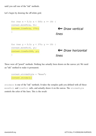 for (var x = 0.5; x < 500; x += 10) {
context.moveTo(x, 0);
context.lineTo(x, 375);
}
for (var y = 0.5; y < 375; y += 10) {
context.moveTo(0, y);
context.lineTo(500, y);
}
until you call one of the “ink” methods.
Let’s begin by drawing the oﬀ-white grid.
⇜⇜ Draw verticalDraw vertical
lineslines
⇜⇜ Draw horizontalDraw horizontal
lineslines
ose were all “pencil” methods. Nothing has actually been drawn on the canvas yet. We need
an “ink” method to make it permanent.
context.strokeStyle = "#eee";
context.stroke();
stroke() is one of the “ink” methods. It takes the complex path you deﬁned with all those
moveTo() and lineTo() calls, and actually draws it on the canvas. e strokeStyle
controls the color of the lines. is is the result:
diveintohtml5.org LET’S CALL IT A DRAW(ING SURFACE)
 