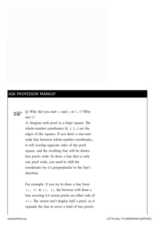 ☞
ASK PROFESSOR MARKUPASK PROFESSOR MARKUP
Q: Why did you start x and y at 0.5? Why
not 0?
A: Imagine ea pixel as a large square. e
whole-number coordinates (0, 1, 2…) are the
edges of the squares. If you draw a one-unit-
wide line between whole-number coordinates,
it will overlap opposite sides of the pixel
square, and the resulting line will be drawn
two pixels wide. To draw a line that is only
one pixel wide, you need to shi the
coordinates by 0.5 perpendicular to the line's
direction.
For example, if you try to draw a line from
(1, 0) to (1, 3), the browser will draw a
line covering 0.5 screen pixels on either side of
x=1. e screen can’t display half a pixel, so it
expands the line to cover a total of two pixels:
diveintohtml5.org LET’S CALL IT A DRAW(ING SURFACE)
 