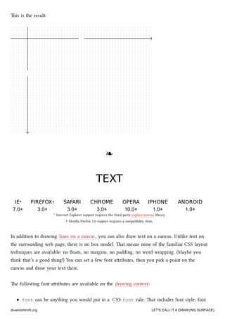 is is the result:
❧❧
TEXTTEXT
IEIE** FIREFOXFIREFOX†† SAFARISAFARI CHROMECHROME OPERAOPERA IPHONEIPHONE ANDROIDANDROID
7.0+ 3.0+ 3.0+ 3.0+ 10.0+ 1.0+ 1.0+
* Internet Explorer support requires the third-party explorercanvas library.
† Mozilla Firefox 3.0 support requires a compatibility shim.
In addition to drawing lines on a canvas, you can also draw text on a canvas. Unlike text on
the surrounding web page, there is no box model. at means none of the familiar CSS layout
teniques are available: no ﬂoats, no margins, no padding, no word wrapping. (Maybe you
think that’s a good thing!) You can set a few font aributes, then you pi a point on the
canvas and draw your text there.
e following font aributes are available on the drawing context:
font can be anything you would put in a CSS font rule. at includes font style, font
diveintohtml5.org LET’S CALL IT A DRAW(ING SURFACE)
 