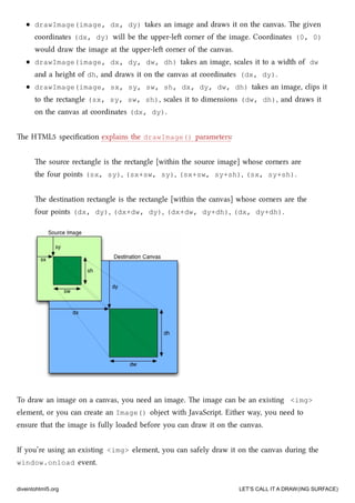 drawImage(image, dx, dy) takes an image and draws it on the canvas. e given
coordinates (dx, dy) will be the upper-le corner of the image. Coordinates (0, 0)
would draw the image at the upper-le corner of the canvas.
drawImage(image, dx, dy, dw, dh) takes an image, scales it to a width of dw
and a height of dh, and draws it on the canvas at coordinates (dx, dy).
drawImage(image, sx, sy, sw, sh, dx, dy, dw, dh) takes an image, clips it
to the rectangle (sx, sy, sw, sh), scales it to dimensions (dw, dh), and draws it
on the canvas at coordinates (dx, dy).
e HTML5 speciﬁcation explains the drawImage() parameters:
e source rectangle is the rectangle [within the source image] whose corners are
the four points (sx, sy), (sx+sw, sy), (sx+sw, sy+sh), (sx, sy+sh).
e destination rectangle is the rectangle [within the canvas] whose corners are the
four points (dx, dy), (dx+dw, dy), (dx+dw, dy+dh), (dx, dy+dh).
To draw an image on a canvas, you need an image. e image can be an existing <img>
element, or you can create an Image() object with JavaScript. Either way, you need to
ensure that the image is fully loaded before you can draw it on the canvas.
If you’re using an existing <img> element, you can safely draw it on the canvas during the
window.onload event.
diveintohtml5.org LET’S CALL IT A DRAW(ING SURFACE)
 