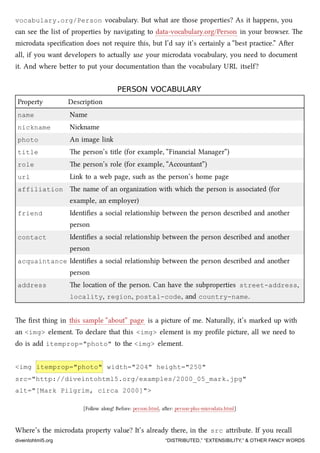 vocabulary.org/Person vocabulary. But what are those properties? As it happens, you
can see the list of properties by navigating to data-vocabulary.org/Person in your browser. e
microdata speciﬁcation does not require this, but I’d say it’s certainly a “best practice.” Aer
all, if you want developers to actually use your microdata vocabulary, you need to document
it. And where beer to put your documentation than the vocabulary URL itself?
PERSON VOCABULARYPERSON VOCABULARY
Property Description
name Name
nickname Niname
photo An image link
title e person’s title (for example, “Financial Manager”)
role e person’s role (for example, “Accountant”)
url Link to a web page, su as the person’s home page
affiliation e name of an organization with whi the person is associated (for
example, an employer)
friend Identiﬁes a social relationship between the person described and another
person
contact Identiﬁes a social relationship between the person described and another
person
acquaintance Identiﬁes a social relationship between the person described and another
person
address e location of the person. Can have the subproperties street-address,
locality, region, postal-code, and country-name.
e ﬁrst thing in this sample “about” page is a picture of me. Naturally, it’s marked up with
an <img> element. To declare that this <img> element is my proﬁle picture, all we need to
do is add itemprop="photo" to the <img> element.
<img itemprop="photo" width="204" height="250"
src="http://diveintohtml5.org/examples/2000_05_mark.jpg"
alt="[Mark Pilgrim, circa 2000]">
[Follow along! Before: person.html, aer: person-plus-microdata.html]
Where’s the microdata property value? It’s already there, in the src aribute. If you recall
diveintohtml5.org “DISTRIBUTED,” “EXTENSIBILITY,” & OTHER FANCY WORDS
 